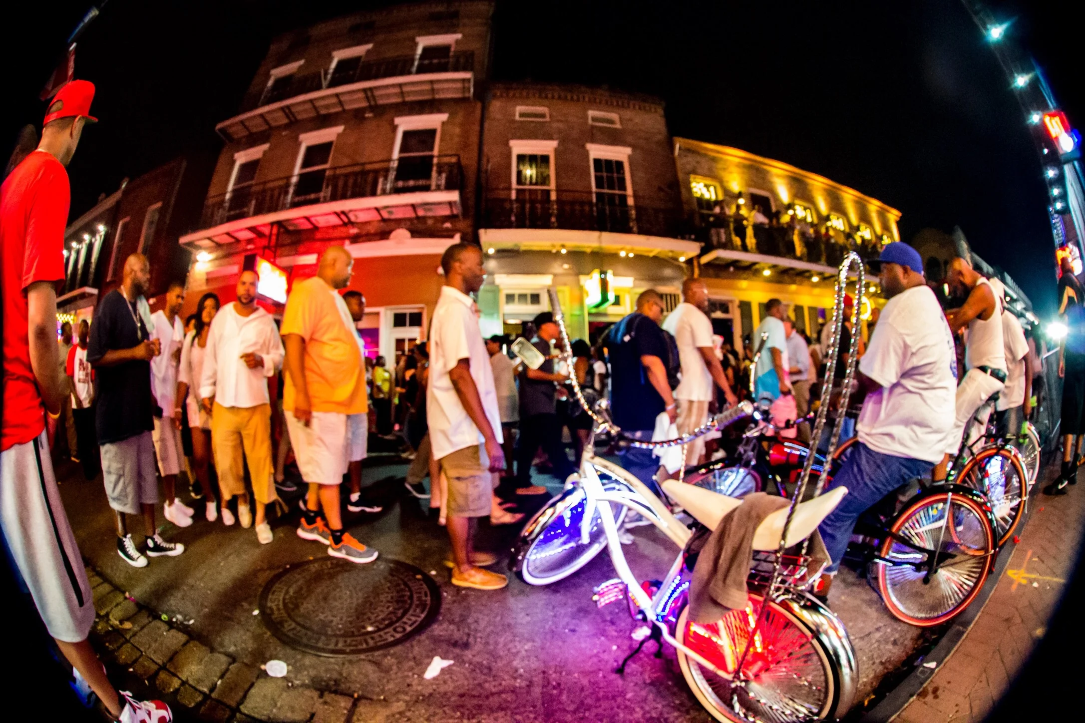 Illuminated bikes posted on the busy street