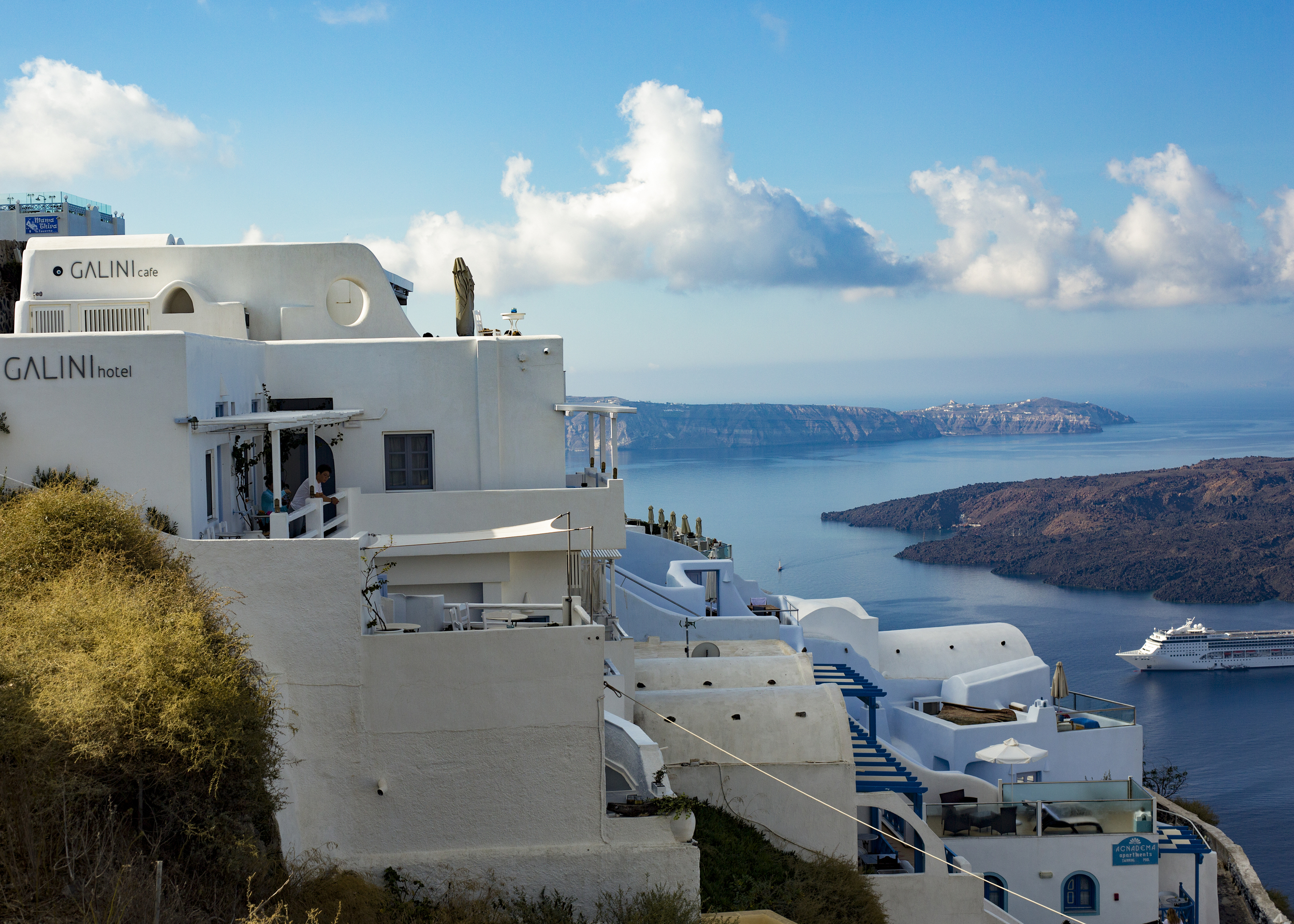 The Galini Hotel is a premier destination in Thira. The adjoining restaurant has some of the freshest fish I've ever tasted.