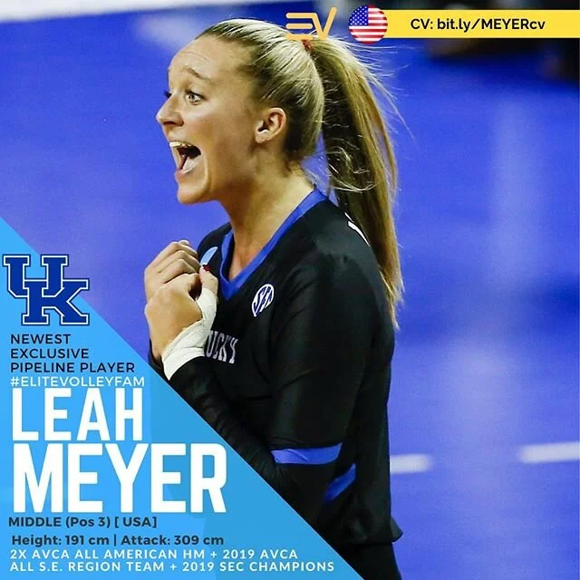 New 191cm Pos 3 Middle #EliteVolleyPipelinePlayer
👉 #LeahMeyerVolley from @kentuckyvolleyball has joined the #EliteVolleyFam .
@sec champion... 2x @avcavolleyball all america HM... ex @dukevb 
Welcome @leahmeyerr we can&rsquo;t wait!
.
@elitevolley 