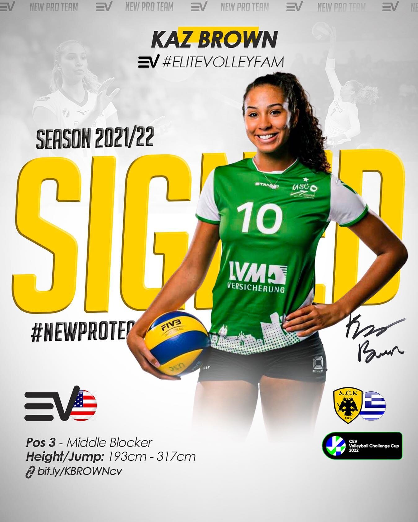 USA 🇺🇸 Pos 3 - Middle
@kazbrown  #KazBrownVolley (193 cm / 317 cm)

Signs with&nbsp;@aek_sports in the &nbsp;@greekvolleygr A1 league with our Pos 2 @malinaterrell &amp; Pos 4 @lindseyvdub as they look to lead the team to potential final appearance