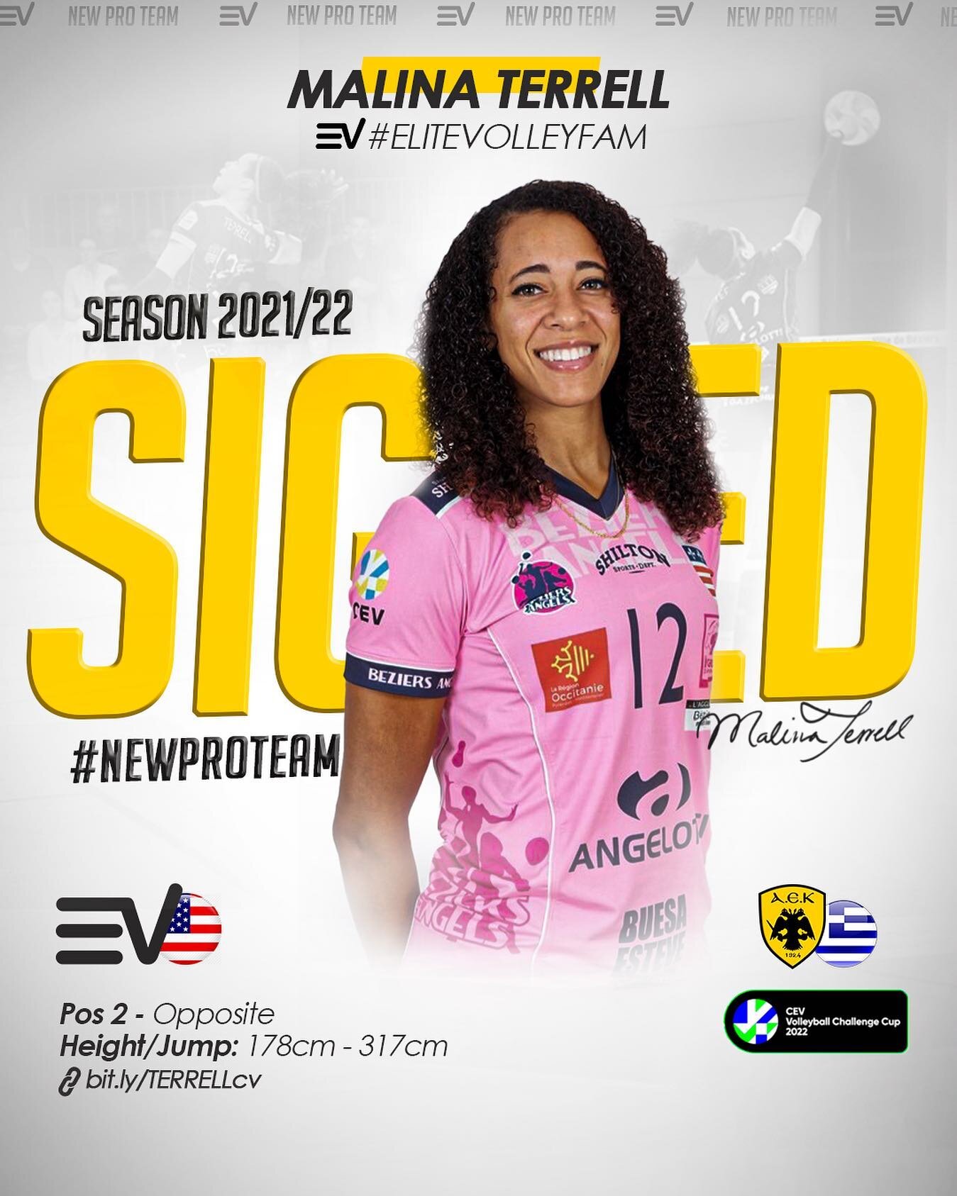 USA 🇺🇸 Pos 2 - Opposite (Universal)
@malinaterrell  #MalinaTerrellVolley (178 cm / 317 cm)

Signs with&nbsp;@aek_sports in the &nbsp;@greekvolleygr A1 league with our Pos 4 @lindseyvdub &amp; Pos 3 @kazbrown as they look to lead the team to potenti