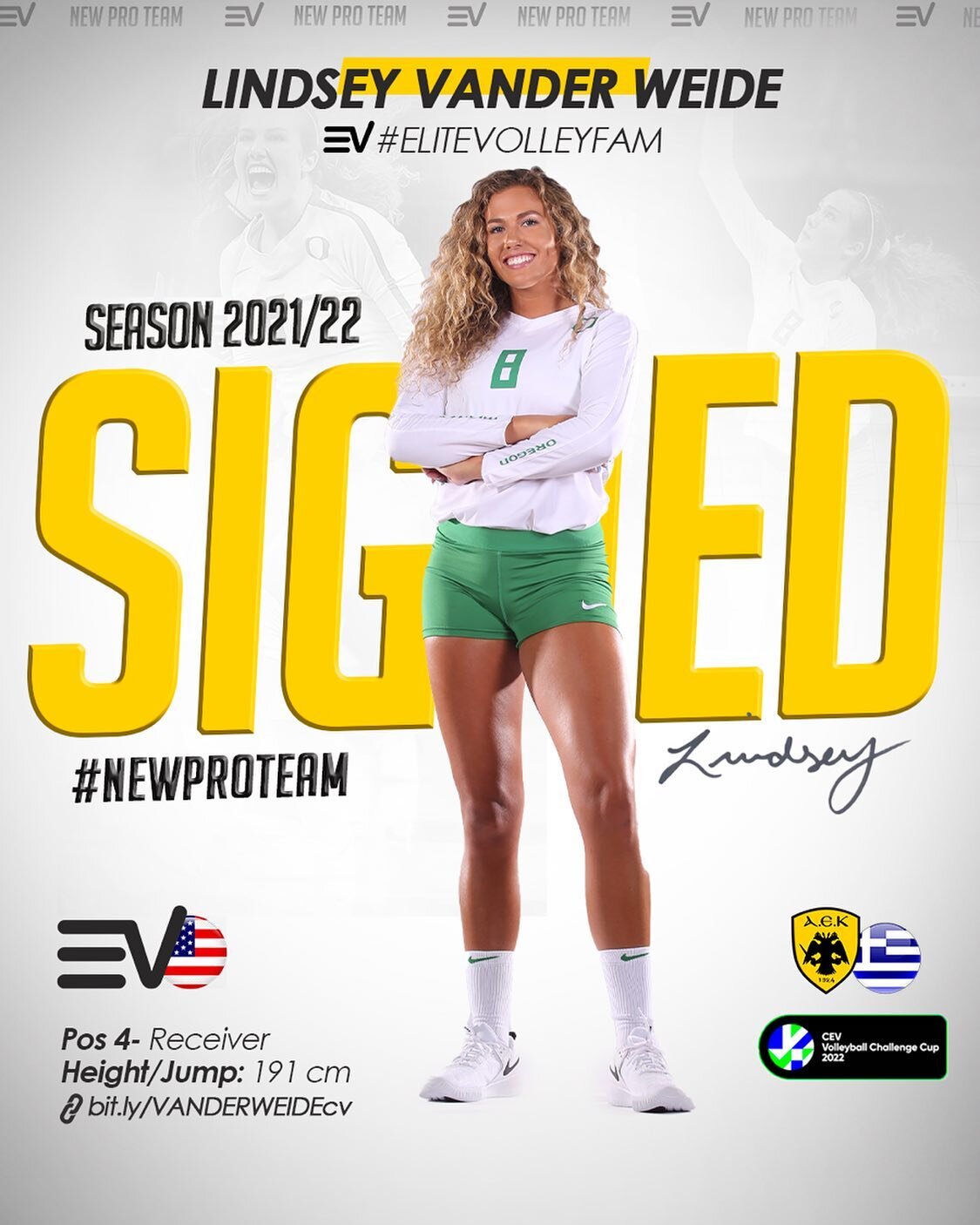 USA 🇺🇸 Pos 4 - Receiver
@lindseyvdub  #LindseyVanderWeideVolley (191cm / 314 cm)

Signs with&nbsp;@aek_sports in the &nbsp;@greekvolleygr A1 league with our Pos 3 @kazbrown &amp; Pos 2 @malinaterrell as they look to lead the team to pontential fina