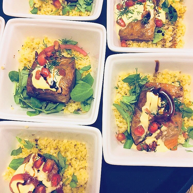 Pomegranate marinated rainbow trout with couscous, saffron yoghurt, pomegranate and sweet pickled red onion. topped with dukkah. This was for a Middle Eastern inspired private party.