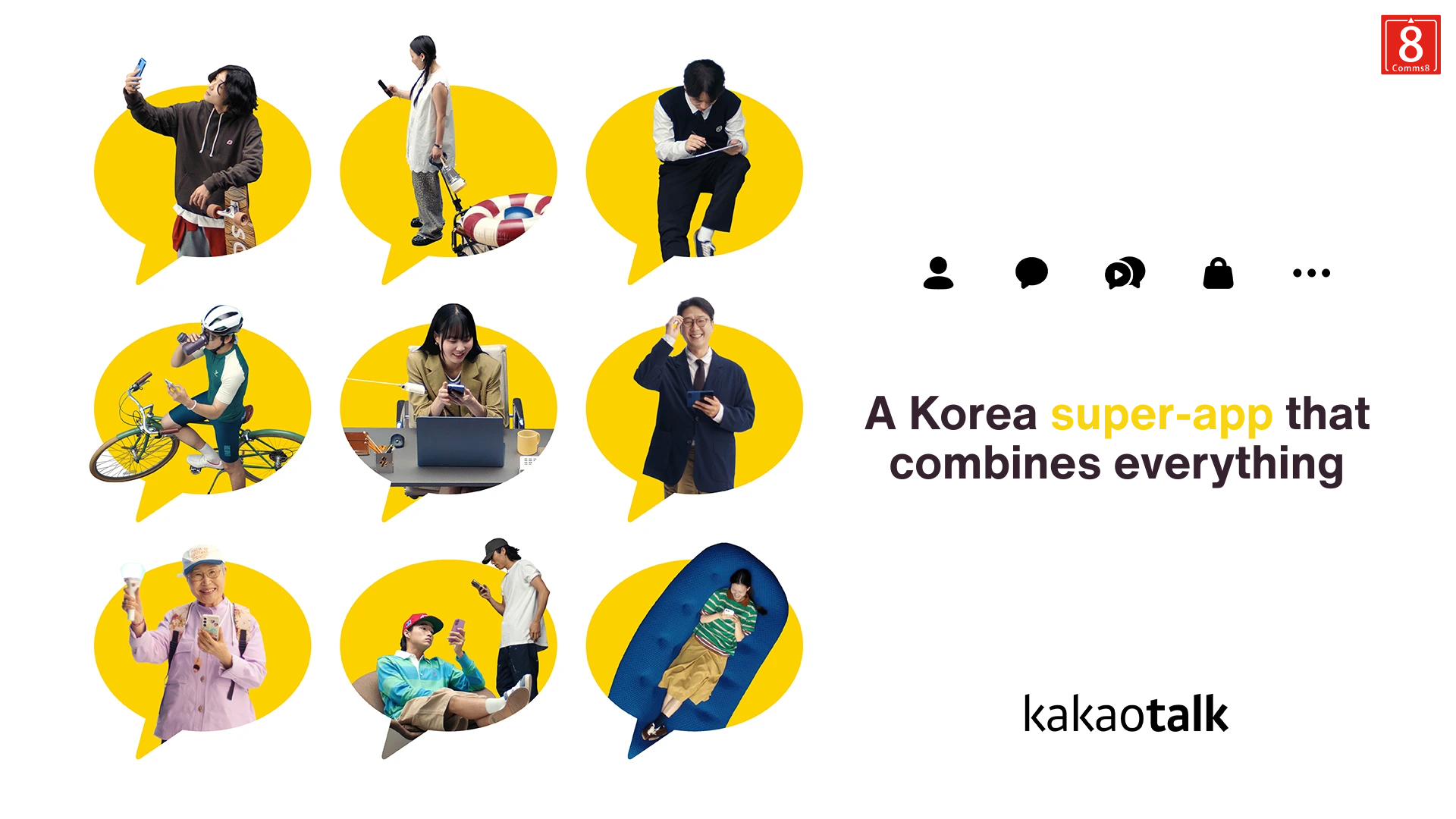 Collage of diverse users engaging with KakaoTalk in daily life, illustrating KakaoTalk as Korea’s all-in-one super-app.