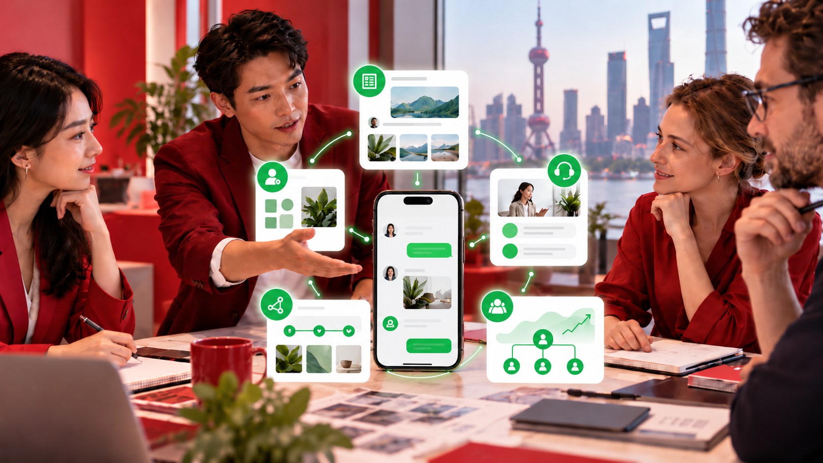 Marketing team planning a WeChat strategy across content, advertising, Mini Programmes and CRM in China.