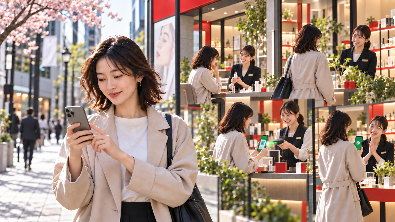 A creator recommendation or discovery moment leads to an Official Account opt-in, then to a clearly recognisable coupon, booking or loyalty benefit in a contemporary Japanese setting.