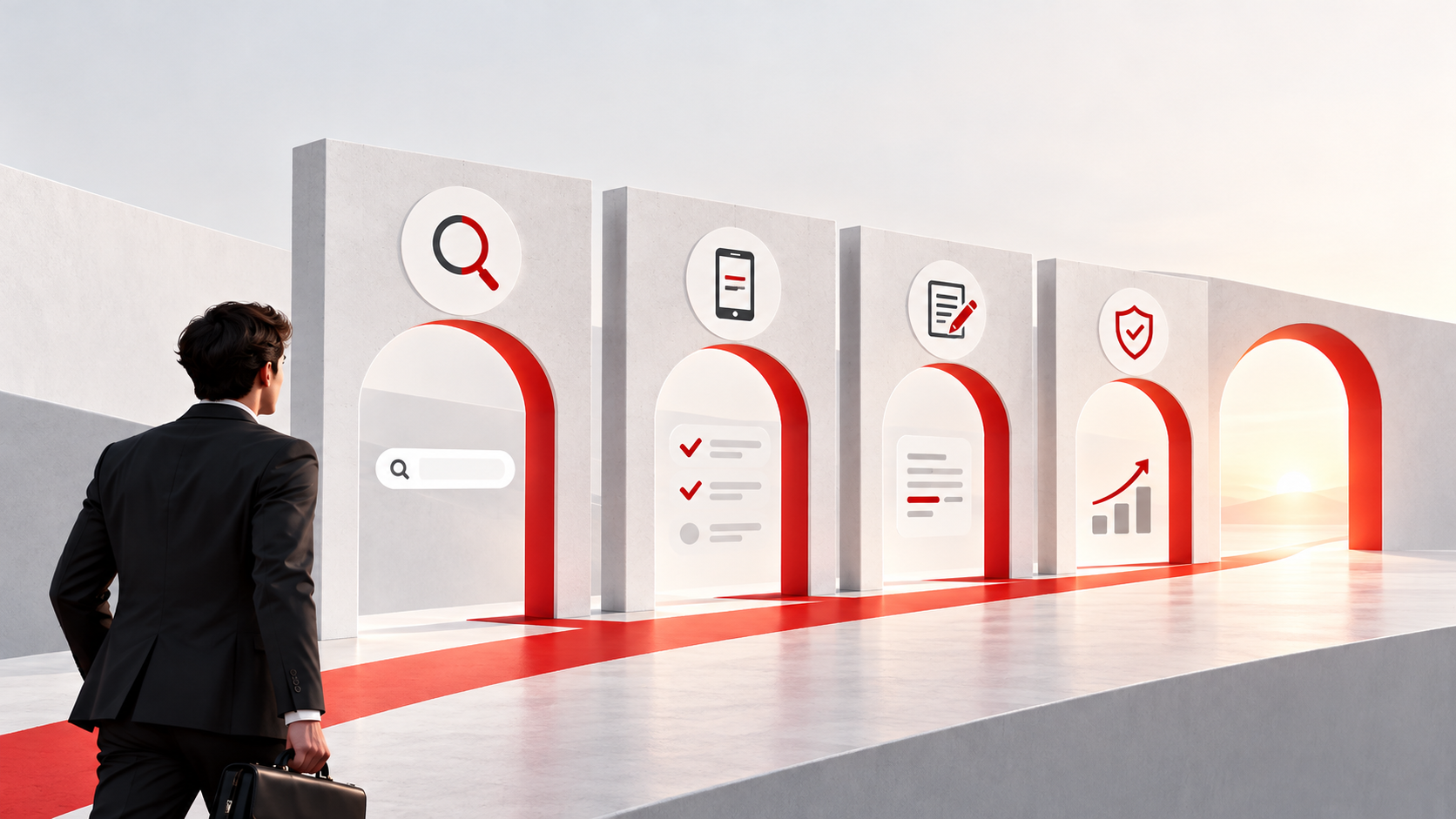 A business decision-maker approaches five red-accented checkpoints representing Demand, Access, Relevance, Trust and Measurement for SEO in China.