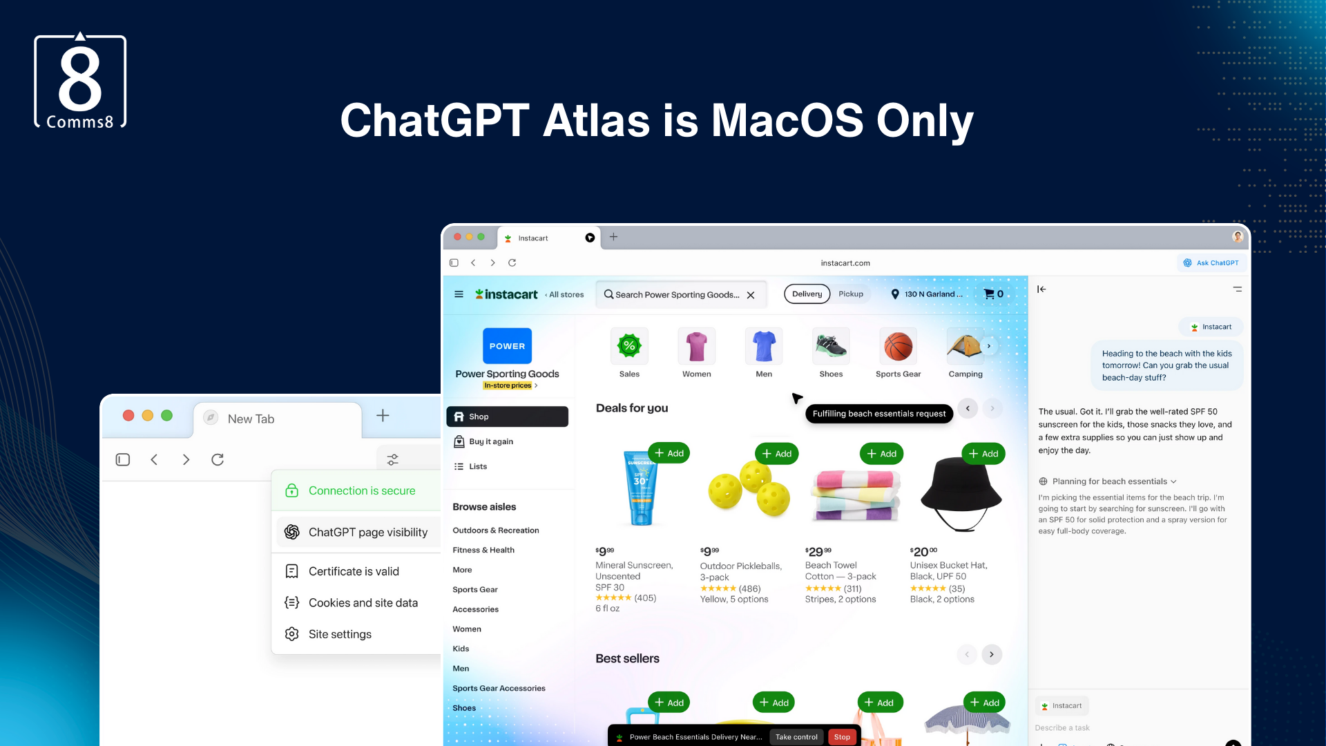 Screenshot showing ChatGPT Atlas being used within a Mac browser to assist with an online shopping task, with the caption "ChatGPT Atlas is MacOS Only" and Comms8 branding.