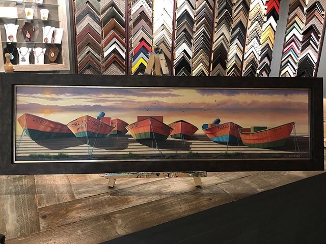 &ldquo;Bay of Islands Dories&rdquo; original painting by EJ Wareham. Frame measures 16&rdquo;x52&rdquo;. $2300 plus tax. Crated and shipped in Canada, $2500 plus tax. Contact at (709) 640-5157 or message Chris Buckle/Picture It in a Frame on Facebook