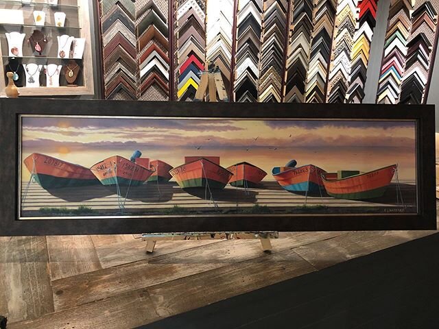 &ldquo;Bay of Islands Dories&rdquo; original painting by EJ Wareham. Frame measures 16&rdquo;x52&rdquo;. $2300 plus tax. Crated and shipped in Canada, $2500 plus tax. Contact at (709) 640-5157 or message Chris Buckle/Picture It in a Frame on Facebook