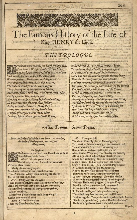 The first page of King Henry VIII as it appears in Brandeis University's copy of the First Folio .