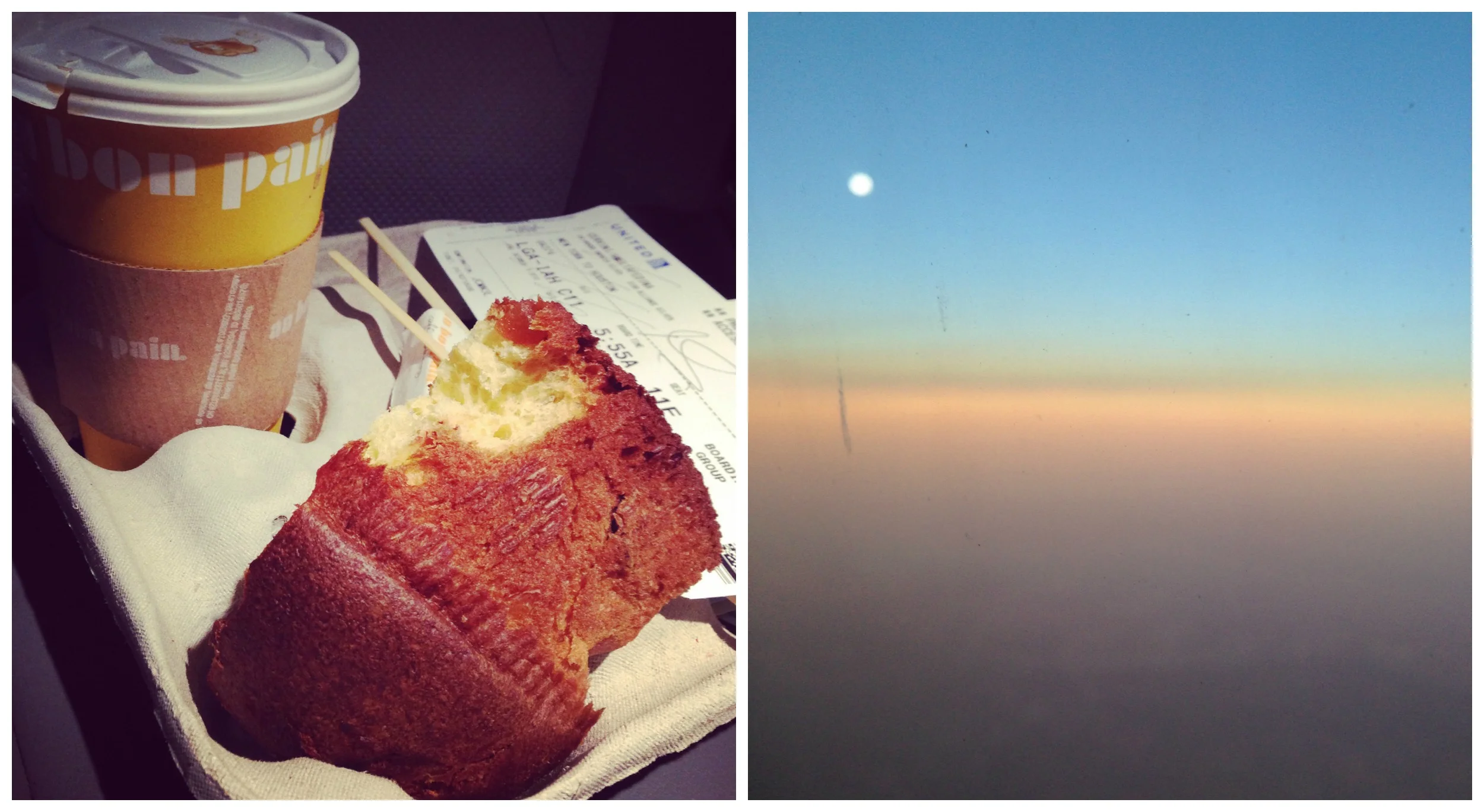 Chocolate and pear panettone (excuse the bite, the birthday girl was hungry), and sunrise from the plane.