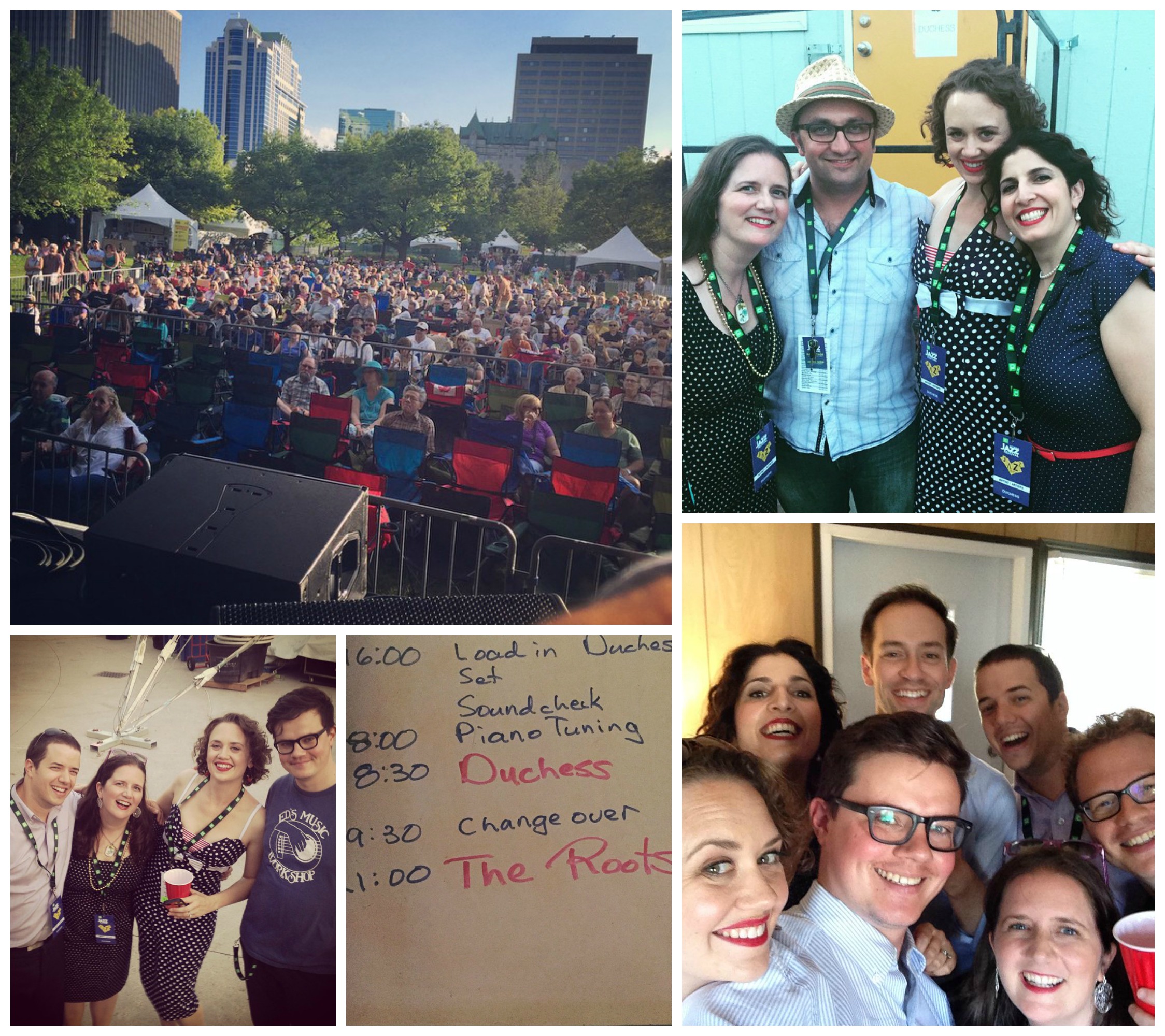 Scenes from the Ottawa Jazz Festival. Clockwise from top left: the huge crowd; DUCHESS with Ottawa Jazz Festival Programming director and swinging sax player Petr Cancura; a selfie with the full band plus our producer/arranger, Oded Lev-Ari; photo evidence that DUCHESS opened for the Roots (!!!); a backstage beer, post-show.