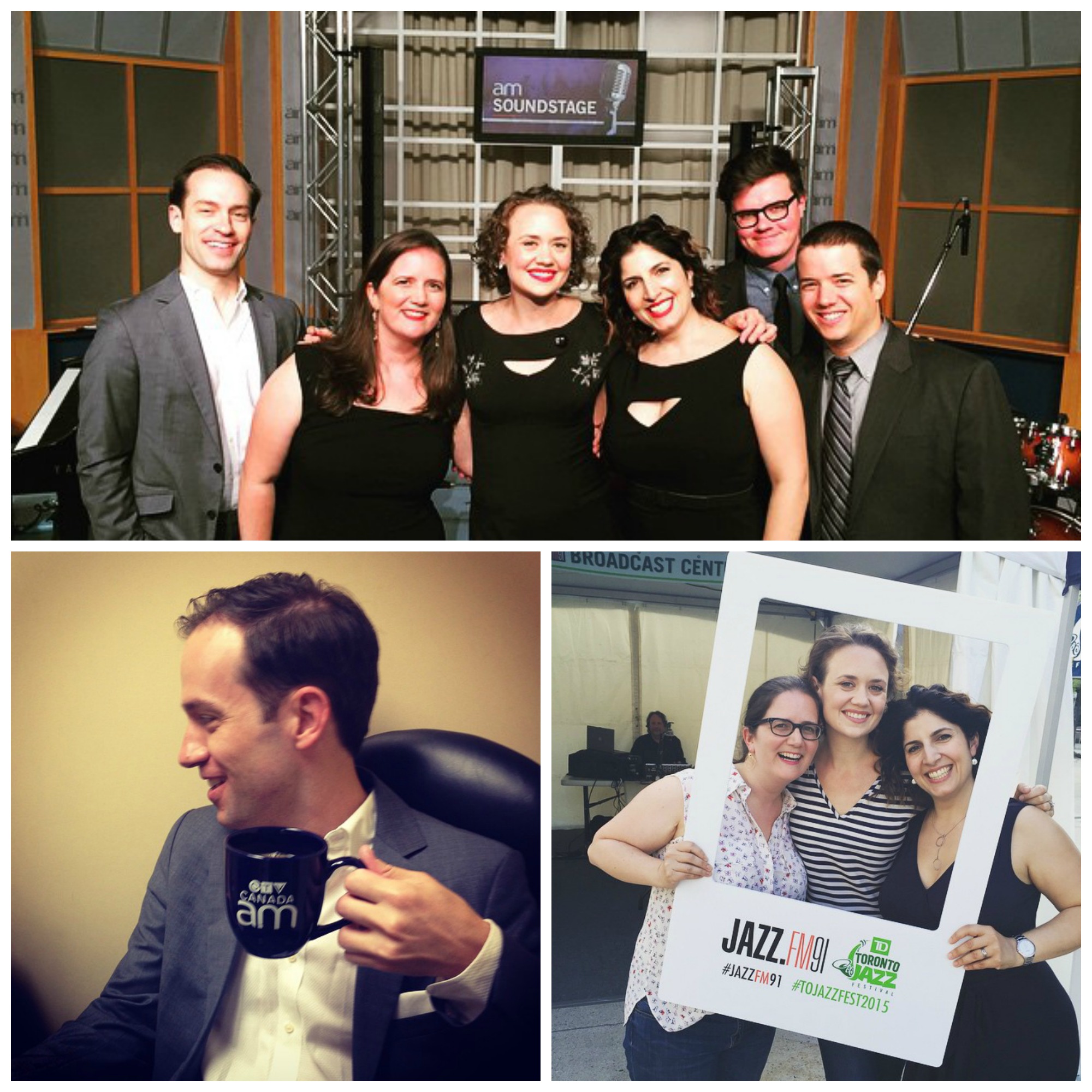 Toronto Jazz Festival moments. Top: a post-performance shot from the Canada AM studio; Bottom left: pianist Michael Cabe caffeinating at Canada Am; Bottom right: being interviewed for Jazz.FM 91.