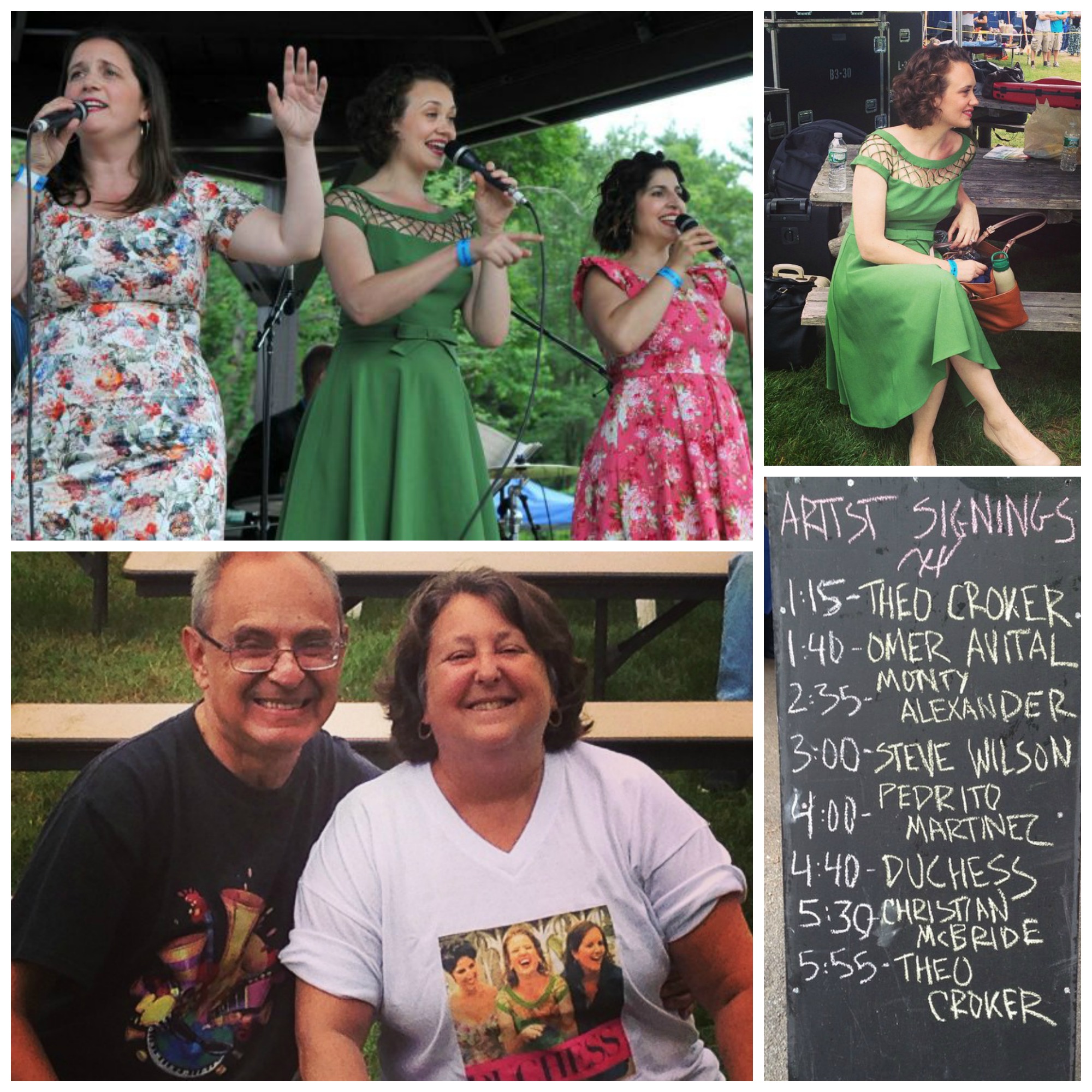 At the Saratoga Jazz Festival. The rain stayed away for our performance at the Gazebo Stage, and we were so excited to see our dear friends (and a couple of our biggest fans), Nancy and Jerry, at our performance. Look at Nancy's shirt! Pretty amazing.