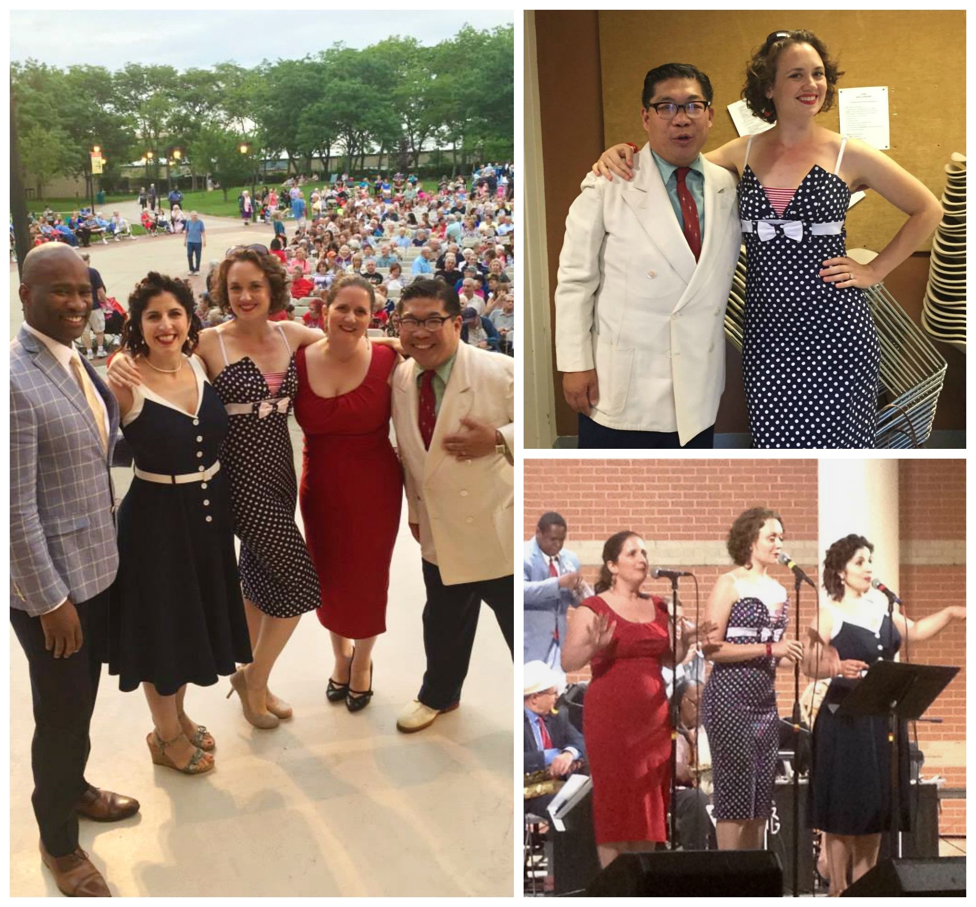 Left: DUCHESS, flanked by the dapper and swinging vocalist & lindy hopper John Dokes and bandleader George Gee. Top right: Hilary and George strike a pose. Bottom right: DUCHESS swinging their version of "Boogie Woogie Bugle Boy."