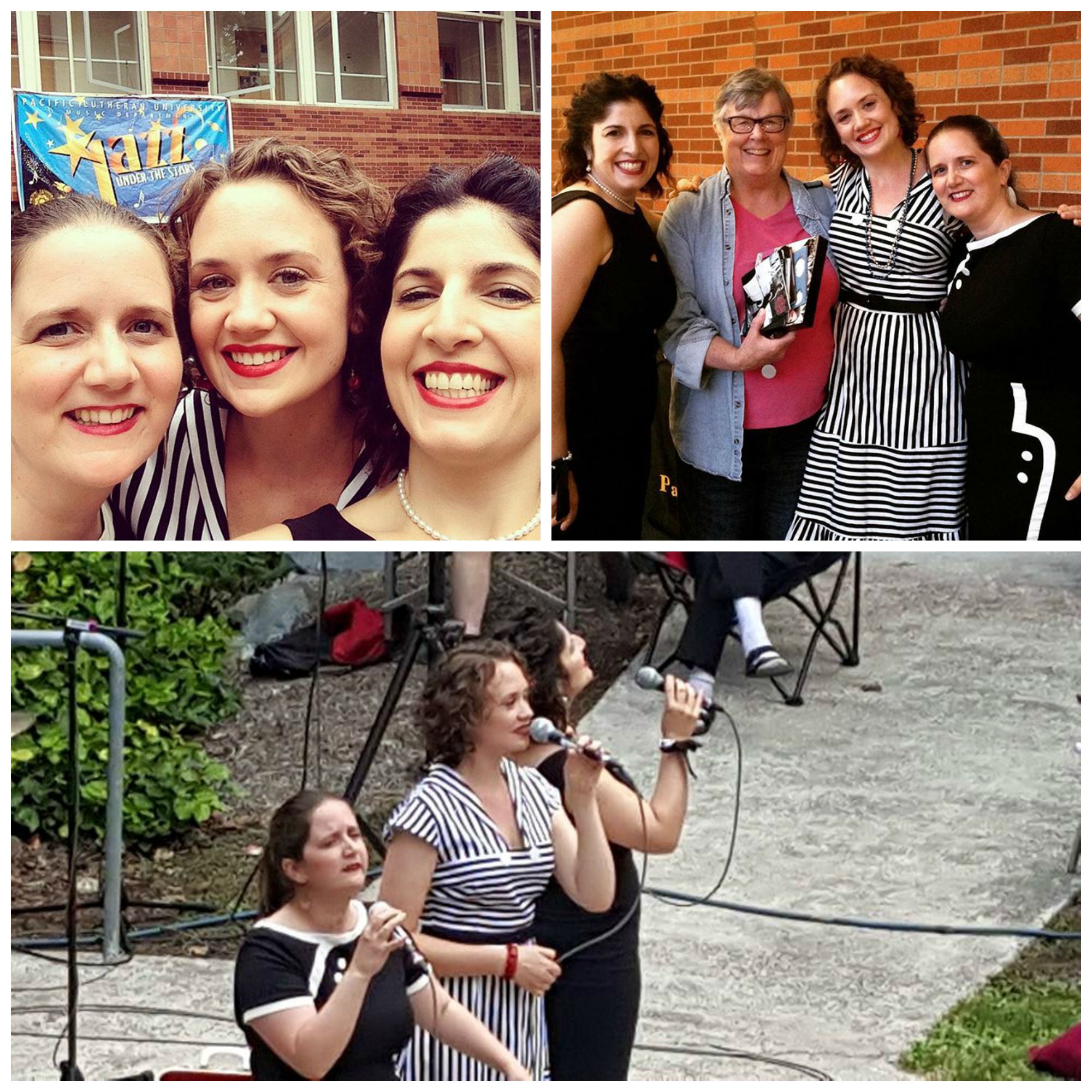 Some moments from our gig at PLU's "Jazz Under the Stars." Top left: the traditional DUCHESS pre-gig selfie. Top right: DUCHESS with our dear friend, Mira Frohnmayer, whose generosity made the tour possible. Bottom: Mid-song in the beautiful outdoor amphitheater.