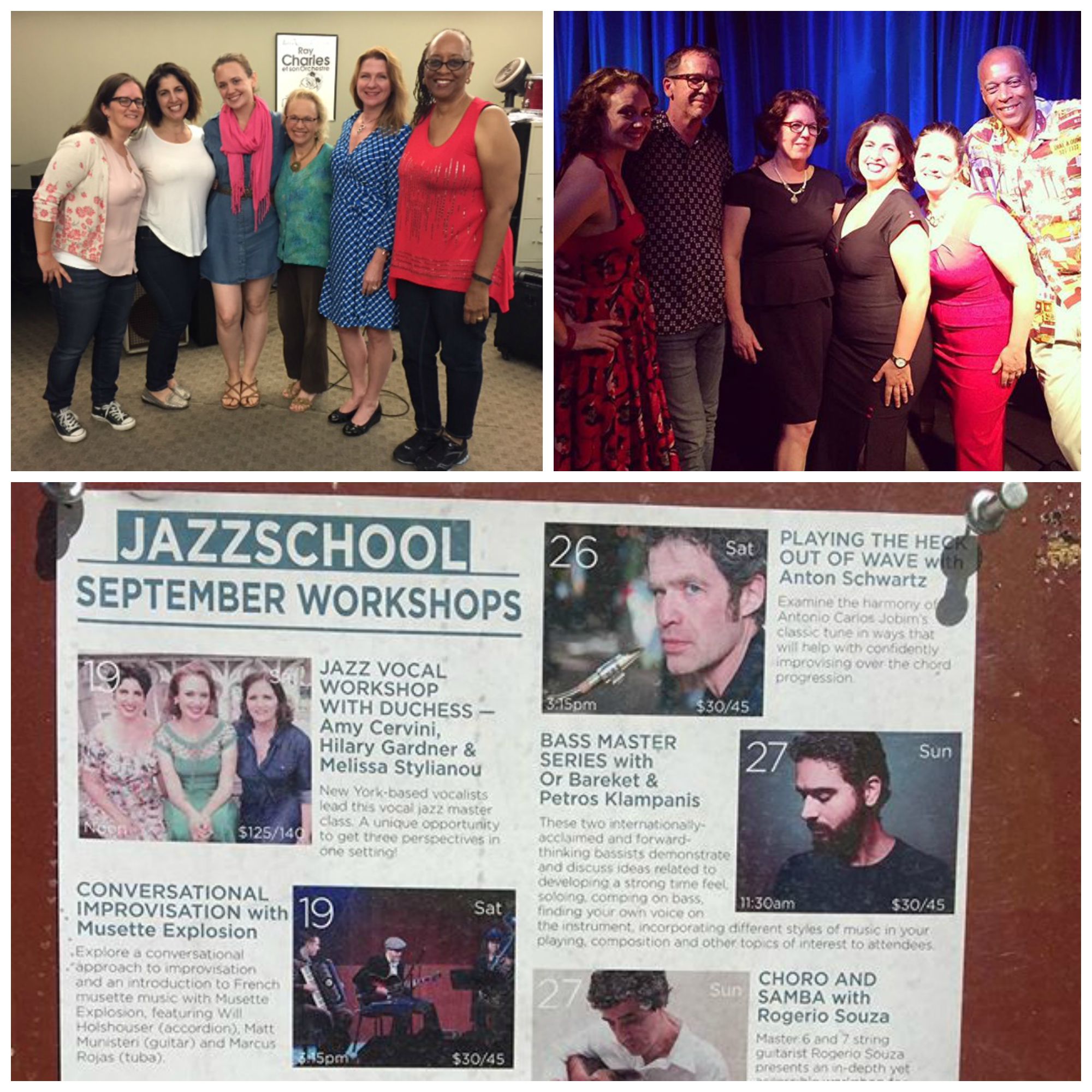 Top left: our AMAZING singers from our Berkeley vocal workshop! Top right: the fabulous team behind Oakland's very hip jazz club, the Sound Room. Bottom: our poster at the Jazzschool in Berkeley.