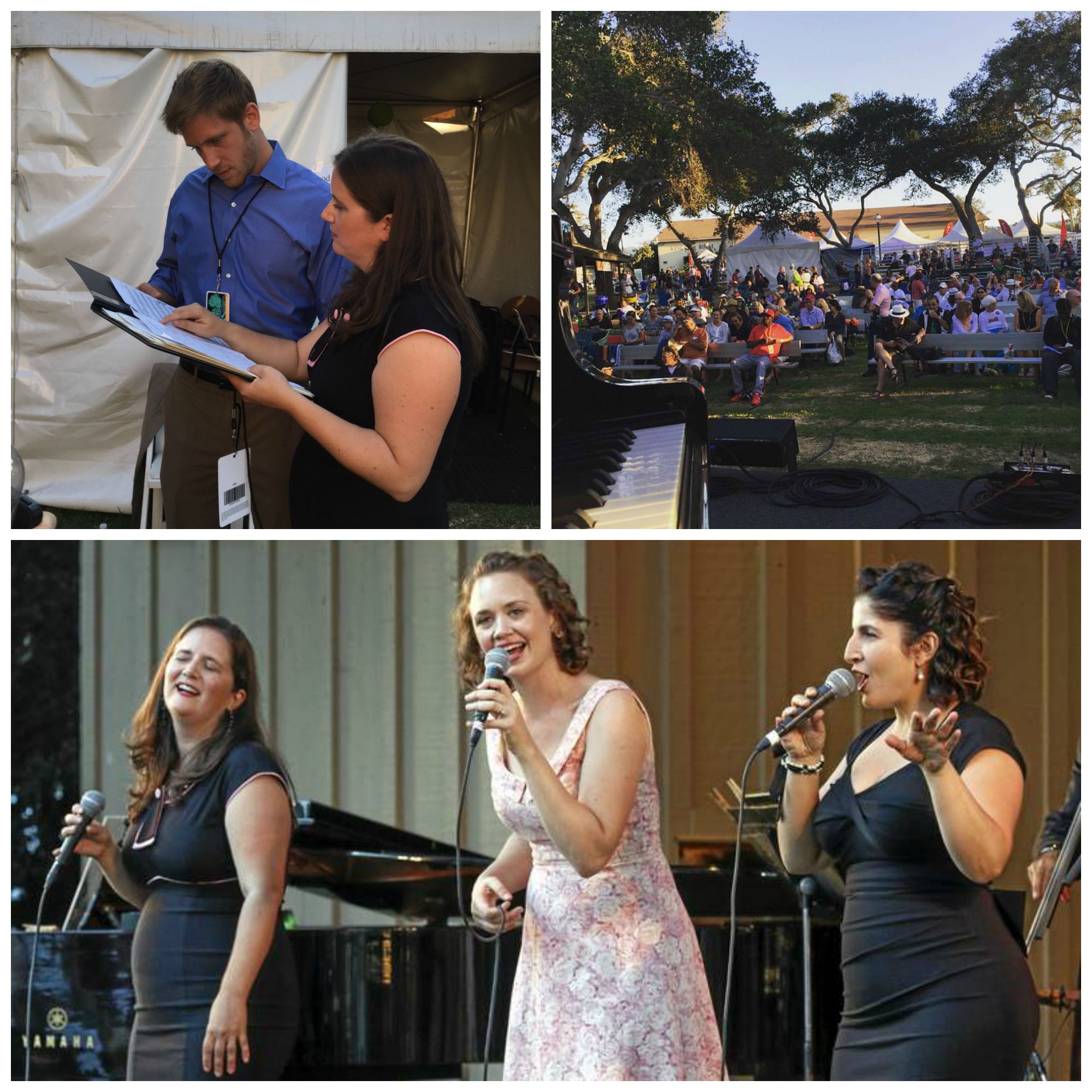 Top left: Amy talking down the charts with Paul. Top right: the view from the Garden Stage. Bottom: mid-performance in Monterey!