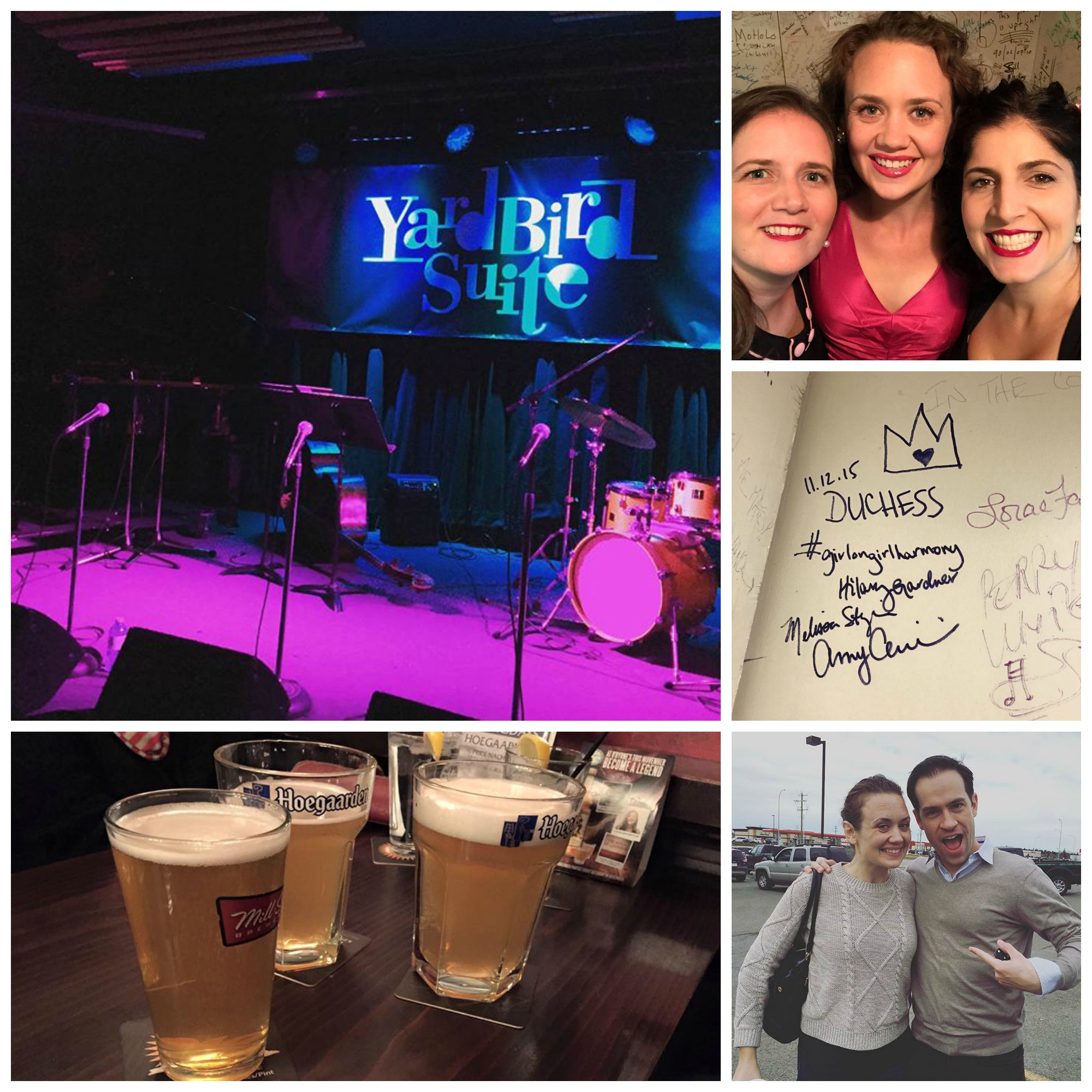 A pre-show selfie at Edmonton's Yardbird Suite; the club's stage and famous green room walls; buckets o'beer; Hilary & Michael, accidentally color-coordinated for the drive to Calgary.