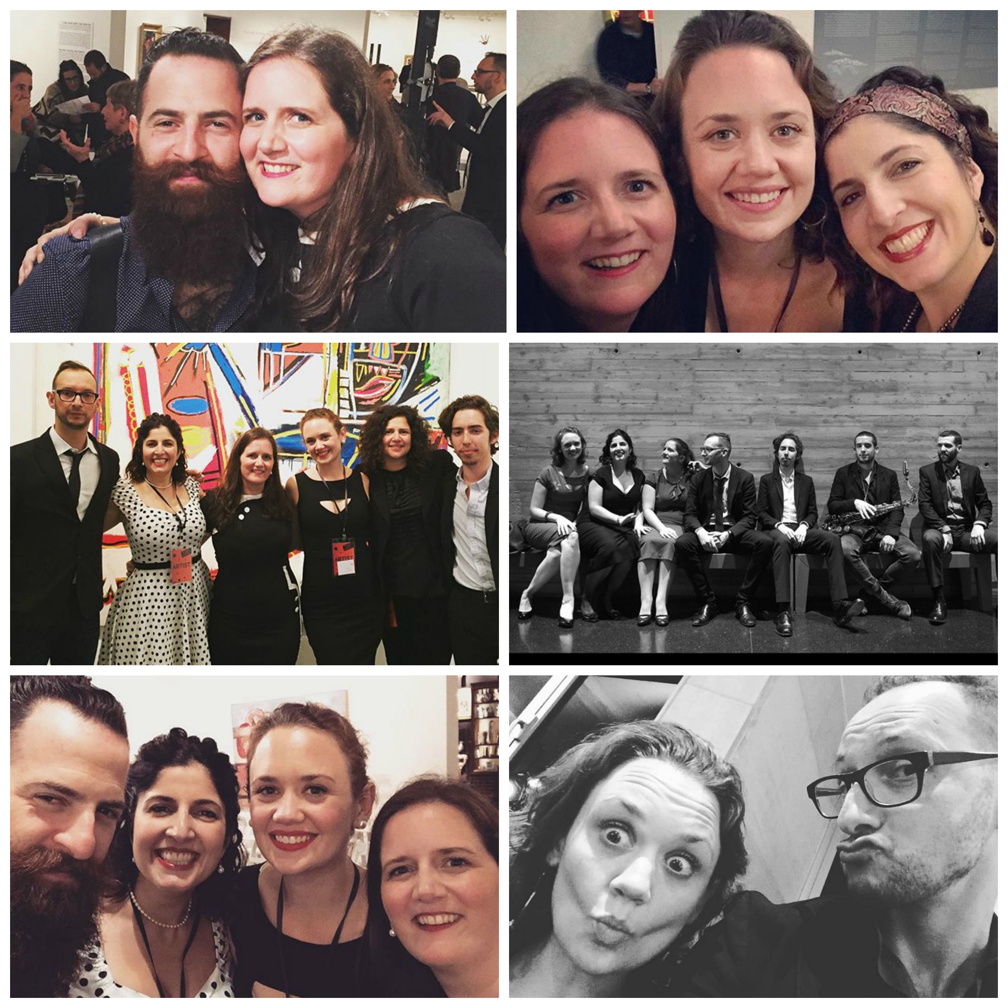 Post-performance photos at the Israel Museum. Top row: Amy and Avishai (L); the gals of DUCHESS, post-ukulele pop-up concert (R). Middle row: post-acoustic set in the modern art gallery with bassist Barak Mori, clarinetist Anat Cohen, and pianist Gadi Lehavi (L); the full band, pre-show, photo by Yossi Zwecker (R). Bottom row: DUCHESS with Avishai (L); Hilary clowning around with Barak (R).