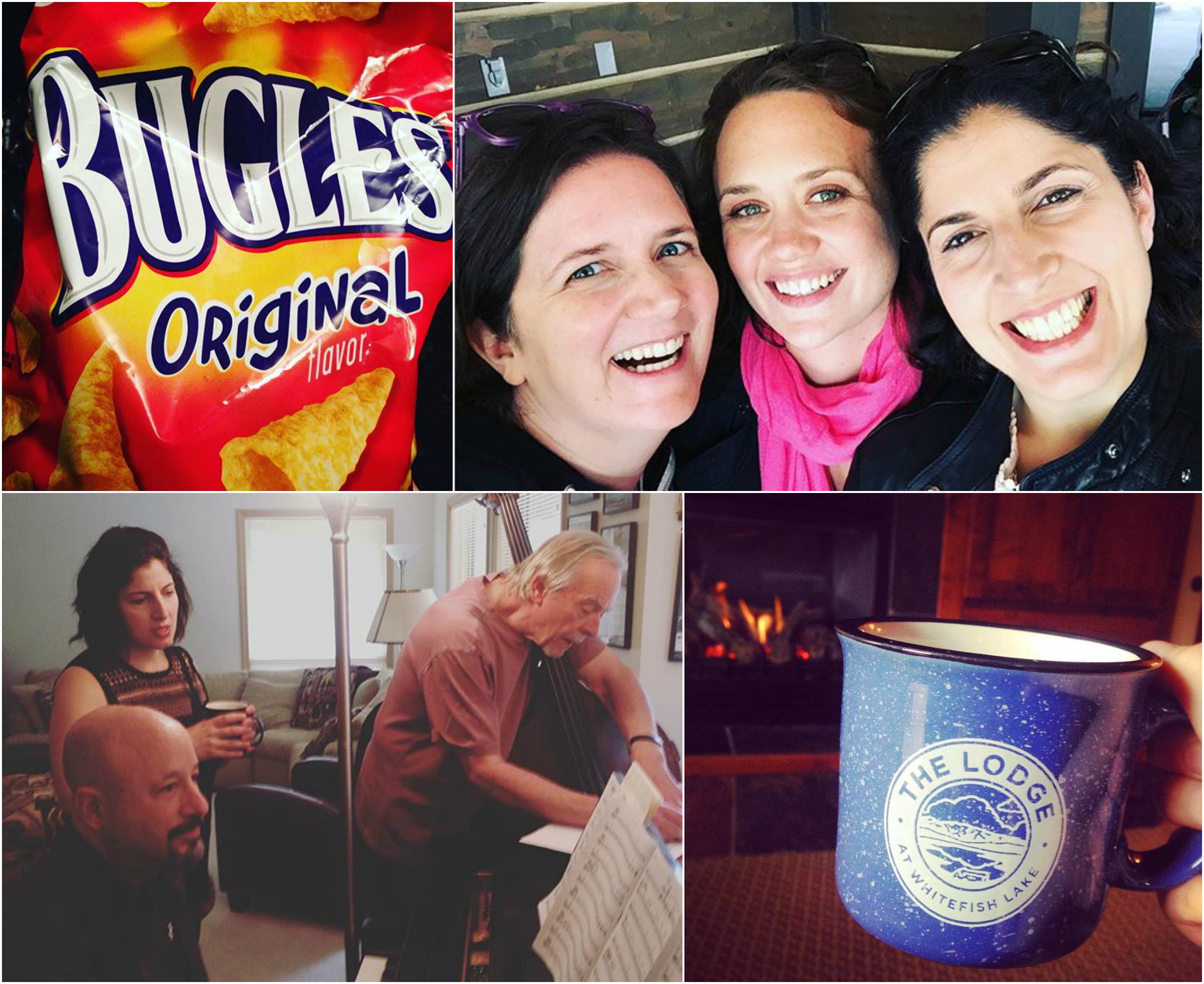 Clockwise from top left: Bugles (the official snack of DUCHESS...now, can we get a sponsorship deal, please!?), the gals enjoying the clear mountain air; teatime by the fireside at the hotel; Melissa running a rehearsal with Bill and Mike.
