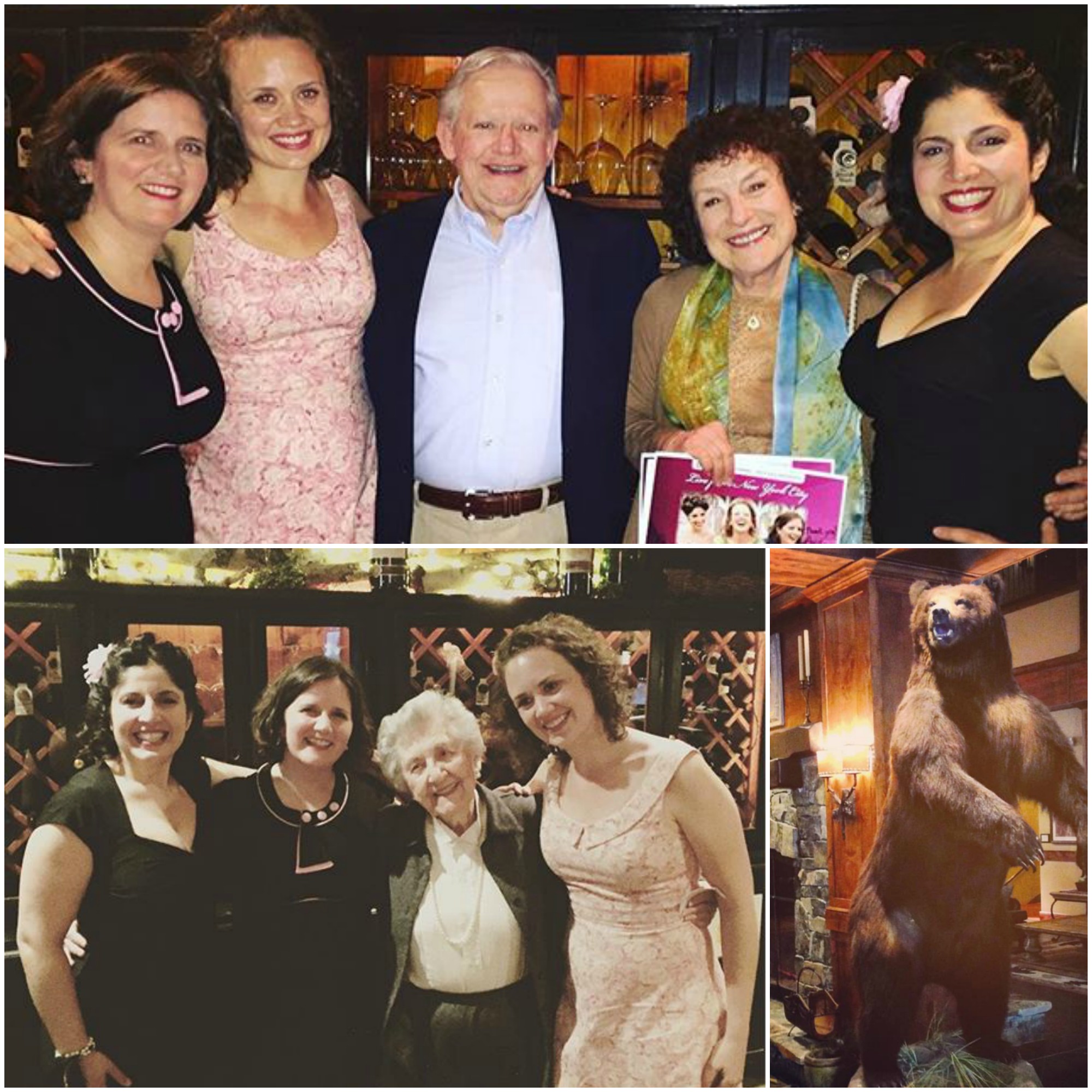 Top: DUCHESS with John Simpson & Miriam Singer, who brought us out to Montana. Bottom left: DUCHESS with Ann Clark Terry, of the Clark Sisters, a.k.a. the Sentimentalists. Bottom right: Our ursine friend in the hotel lobby bidding us adieu.