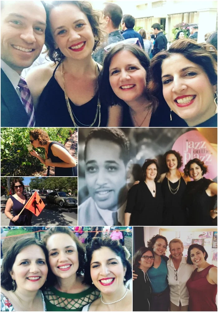 Scenes from beautiful Los Gatos! Top: Duchess and our wonderful pianist, Michael Cabe, at the opening night festivities. Middle left: Hilary smells the roses and Melissa crosses the street safely in scenic Los Gatos. Middle right: the gals strike a pose in front of the festival poster. Bottom left: a successful show! Bottom right: with the delightful Alisa Clancy at KCSM, post-interview.