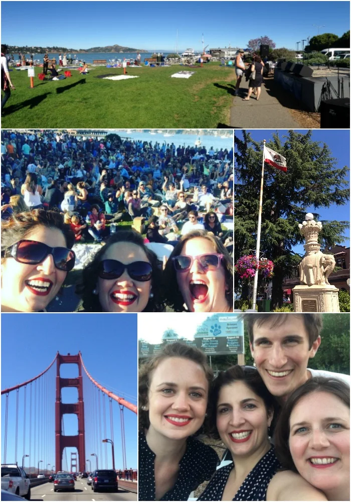 Sausalito moments (clockwise from top)...a gorgeous bandstand; the California flag flying high over a fountain in the center of town; the gals with our hero Nathan (he brought us a keyboard to use in our show!); the iconic Golden Gate Bridge; our rock star selfie in front of the huge crowd!