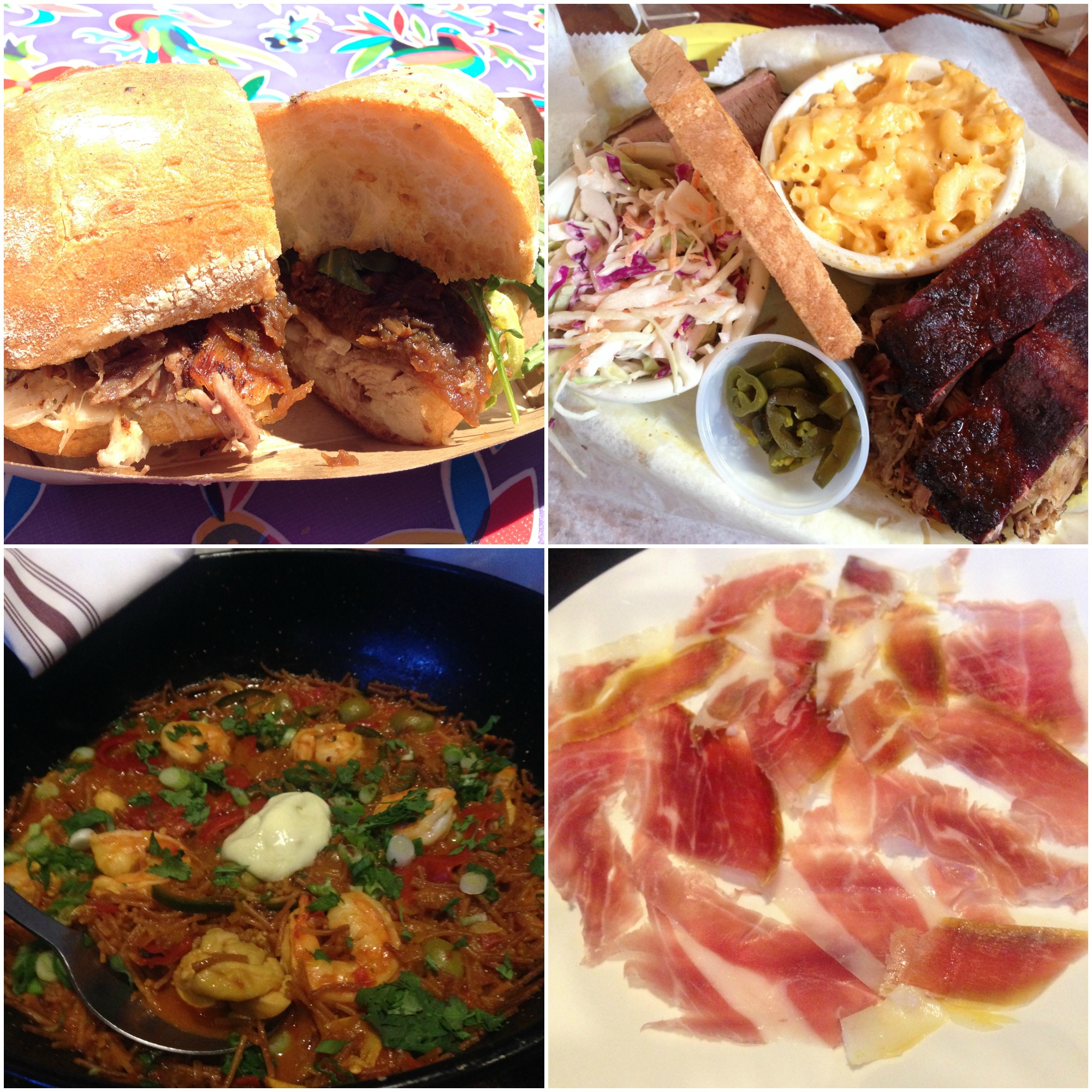 Clockwise, from top: porchetta in San Fran, NOLA's finest BBQ, jamon and fideua from Oakland's Duende. Machneyuda was too dimly lit (and we were partying too hard) to get any good food photos...but trust us, it's fantastic!