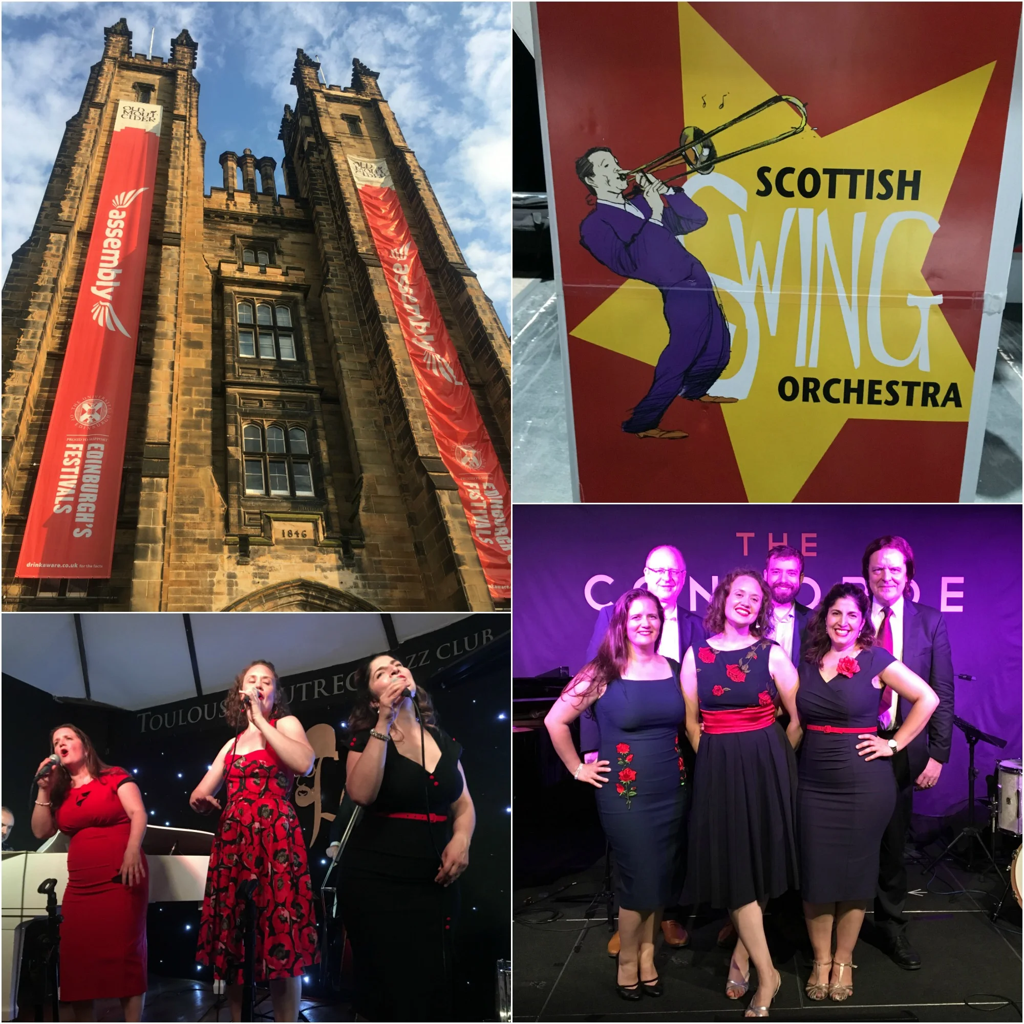 Clockwise, from top left: Assembly Hall in Edinburgh; Dave Batchelor’s Scottish Swing Orchestra; all smiles at the Concorde Club with our band; our final show at Toulouse Lautrec in London.
