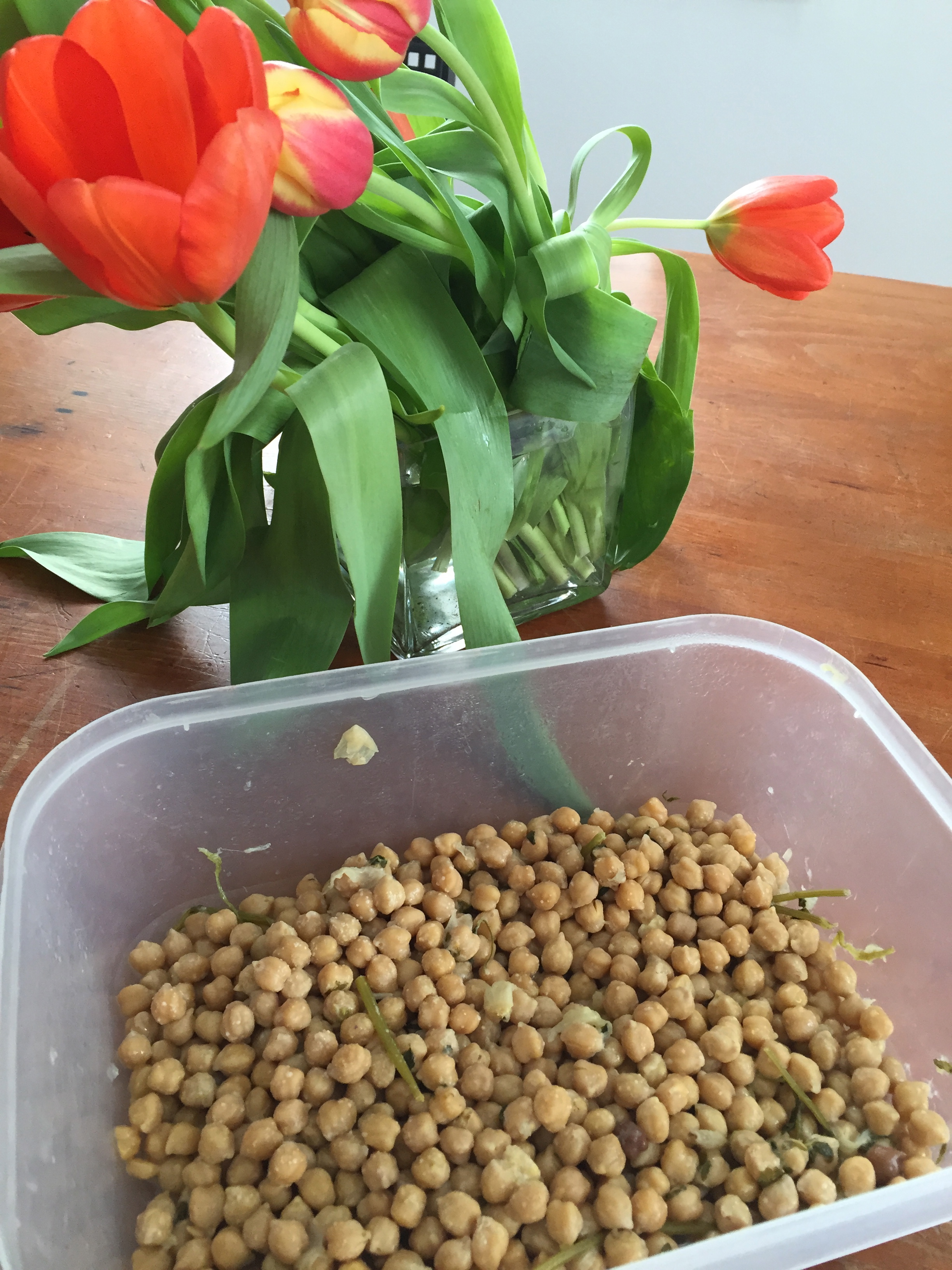 The chickpeas in the fridge smell awful. I decide that it is not something that needs to stay in the fridge. As I pass the tulips on the way to the compost I put down the chickpeas and smell them both. I prefer the smell of the tulips. But after spending quite some time with this, it does not seem to make a difference - though perhaps I have just grown accustom to the sour smell of the chickpeas. 