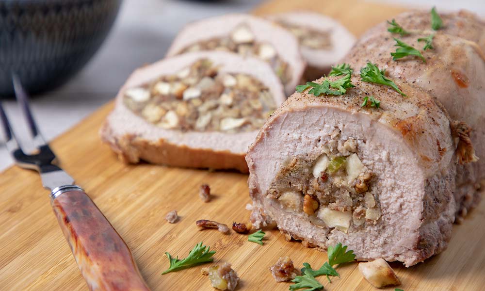 Roasted Pork Loin with Apple Sausage Walnut Stuffing