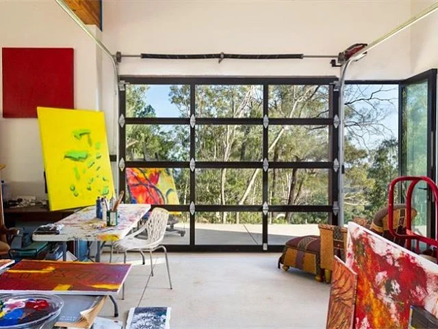 Garage turned artist studio, amongst a grove of oaks in Mission Canyon for Blackbird Architects.