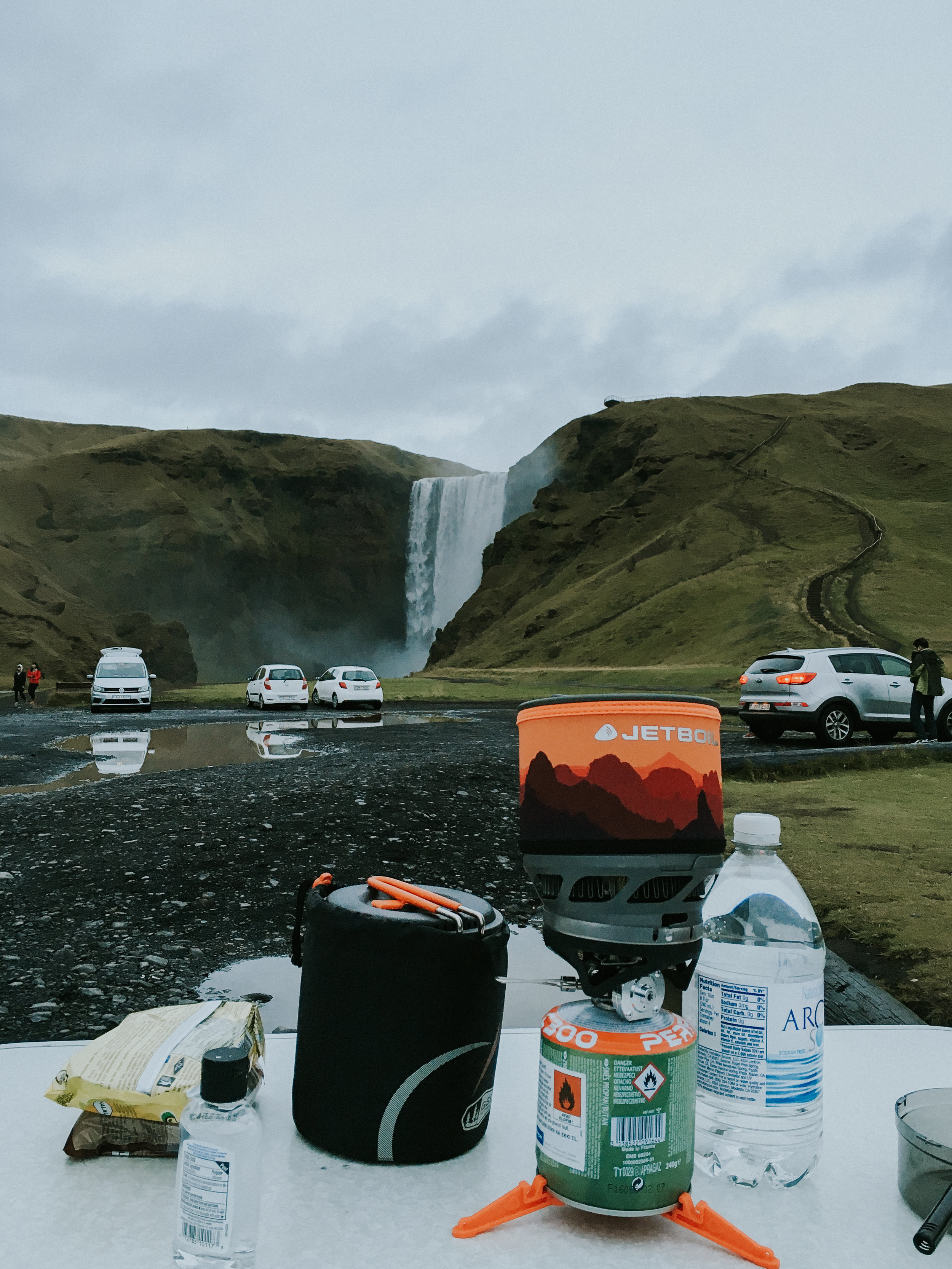 Setting up to make dinner at the Skogar Campsite. Perfect view, if I may say so myself!