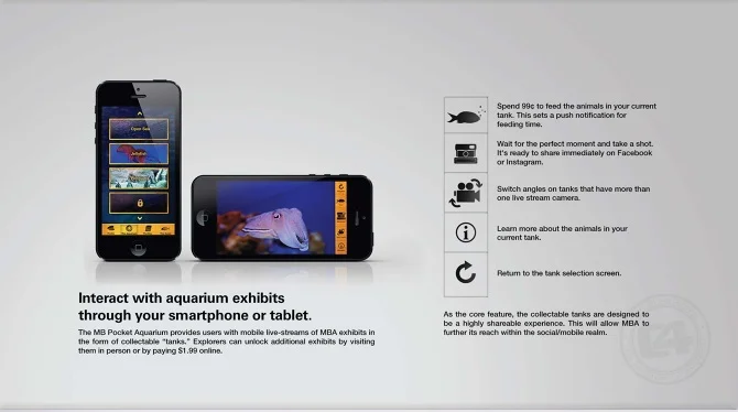 Detail: Aquarium Camera Live-Stream Functionality. Copy: "The MB Pocket Aquarium provides users with mobile live-streams of MBA exhibits in the form of collectable 'tanks.' Explorers can unlock additional exhibits by visiting them in person or by paying $1.99 online."