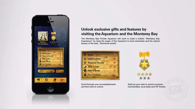 Detail: User Profile Screen. Copy: "The Monterey Bay Pocket Aquarium will work to build a holistic 'Monterey Bay Experience' by tying the magic of the Aquarium to local merchants and the natural beauty of the area. Adventure awaits!"