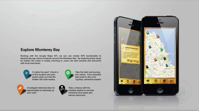 Detail: The Bay Screen / "Explore" Functionality. Copy: "Working with the Google Maps API, we can use mobile GPS functionality to dynamically tag various hotspots around the Monterey Bay. By exploring these areas for hidden QR codes or simply checking in, users can earn rewards and discounts with local merchants."