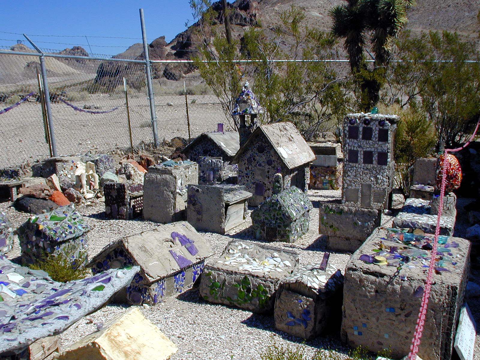 Glass shard miniature "town" on display at the bottle house.