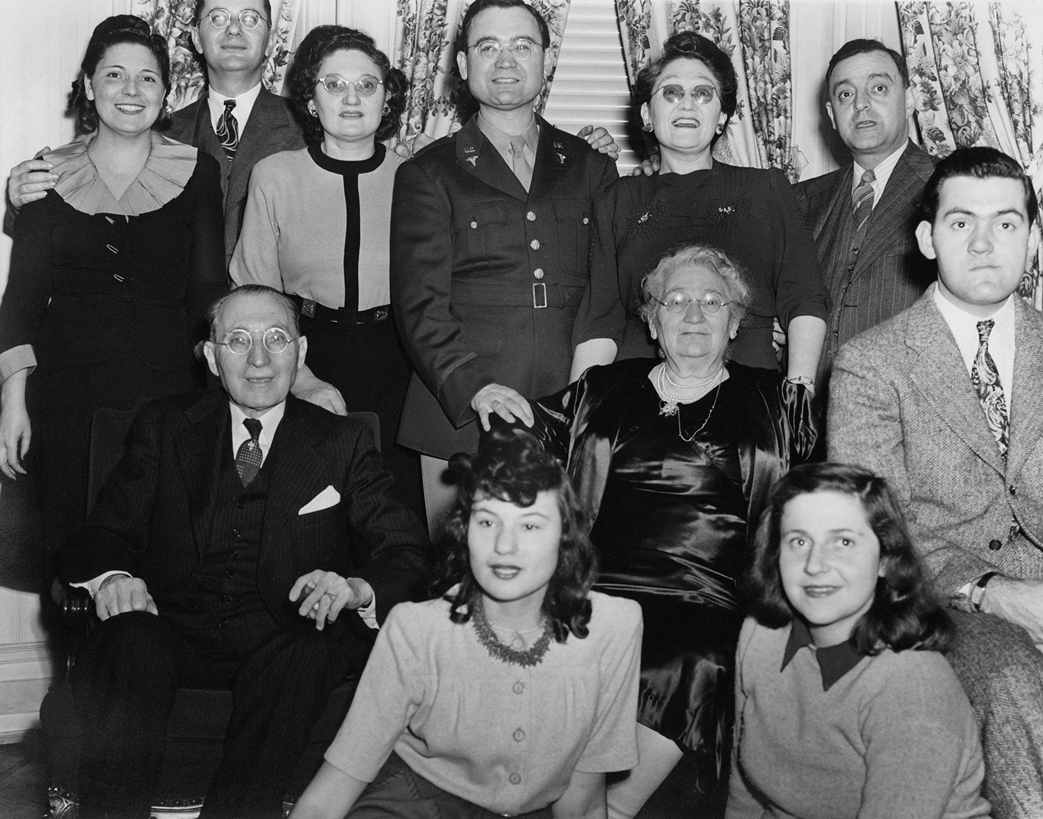 Adalman family during WWII: Top: Sylvia, Sol, Hannah, Philip, Rose, Ab. Middle: Hyman, Dora, Melvin.  Front: Lilian, Anne
