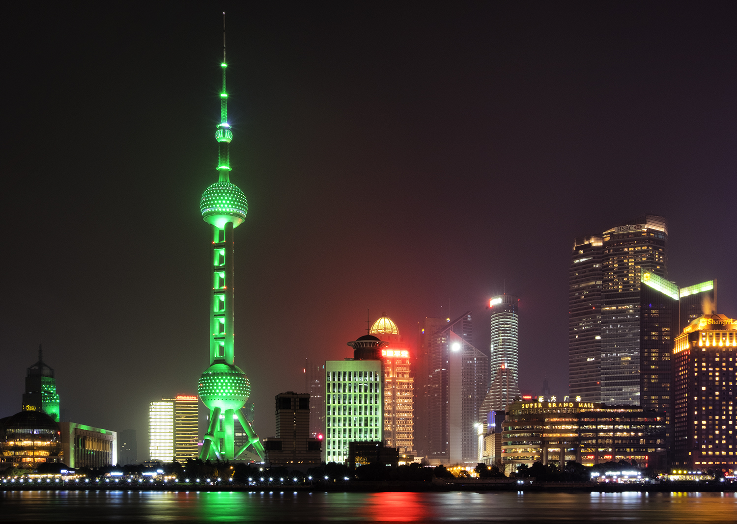 The Pudong Skyline, Shanghai, Lit Green for Earth Hour