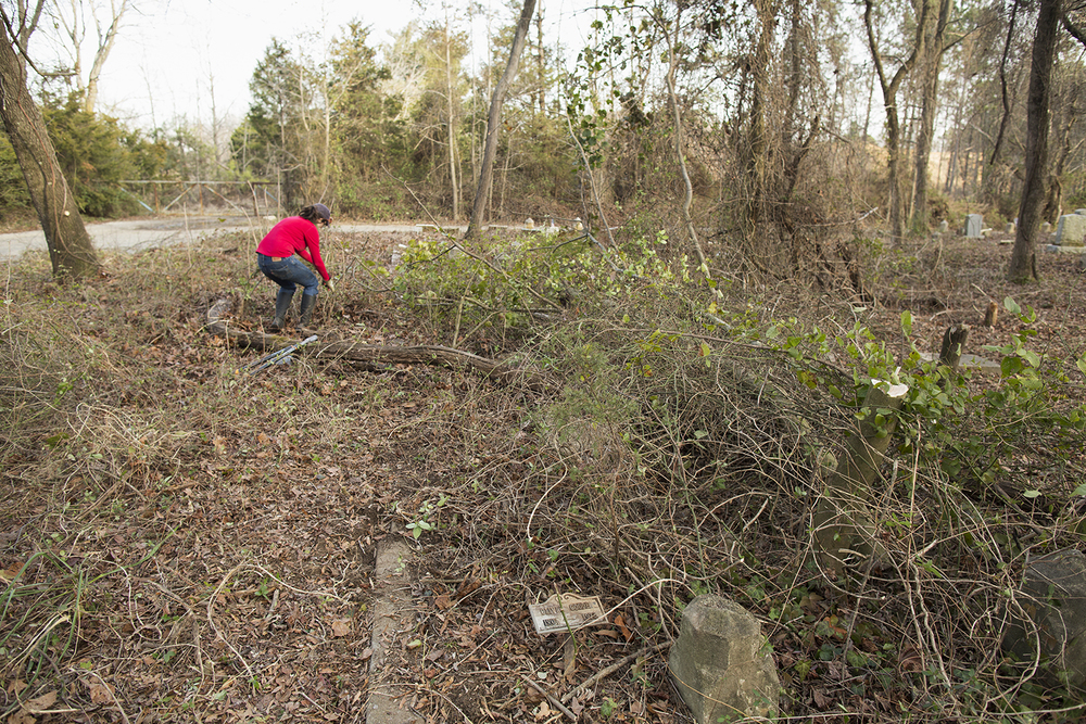  Erin clears a plot during a work day, East End Cemetery, Henrico County and Richmond, Virginia, February 2015. ©brianpalmer.photos 2015 