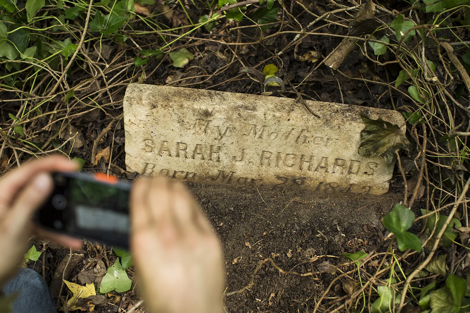 Most of the people buried at East End were born after the Civil War, but occasionally we uncover headstones such as this one. We cannot assume that Sarah J. Richards was born into slavery in 1843, and yet, given the demographics of the day, there's a very good chance she was. (In 1840, free people of color composed about 4 percent of the population; enslaved people made up about 36 percent.) Further digging revealed Mrs. Richards's death date: 23 August 1920. According to her death certificate, she was born Sarah Brown in Charles City County, Virginia. Her father's name was Jonas Brown; her mother's name is as yet unknown. East End Cemetery, Henrico County, Virginia, August 2015. Photo: BP