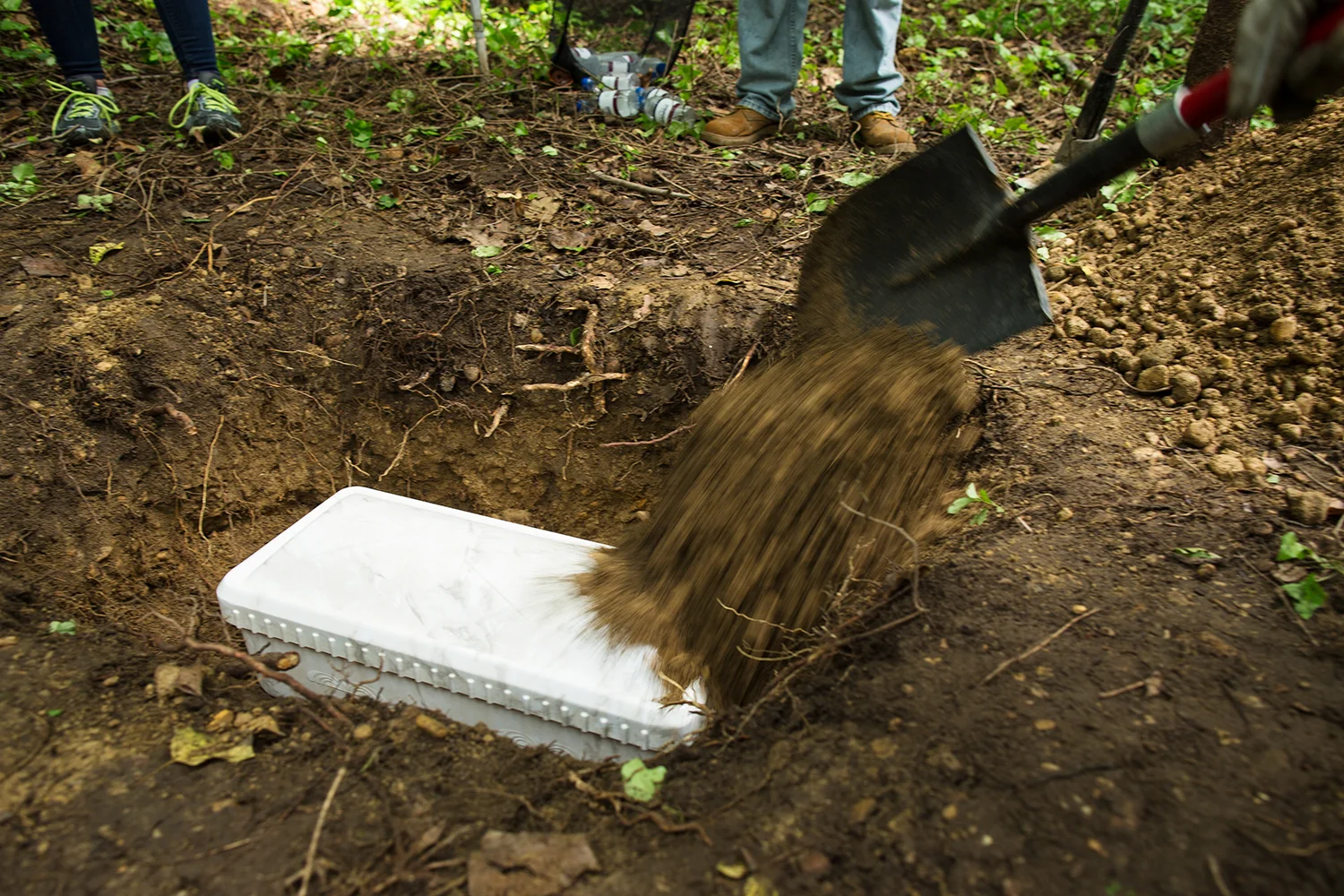 Volunteers, including employees from Nelsen Funeral Home, reinter remains found above ground, believed to be those of a child. East End Cemetery, Henrico County, Virginia, July 2016. Photo: BP