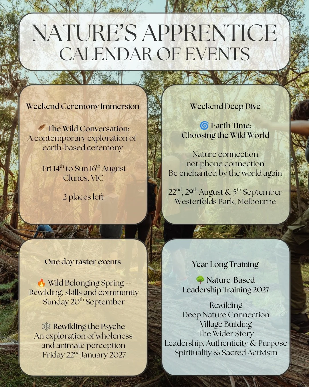 Upcoming events, updated August 🕸

Links in bio to book.

Stay tuned for more 2027 programs to be announced soon 🌳