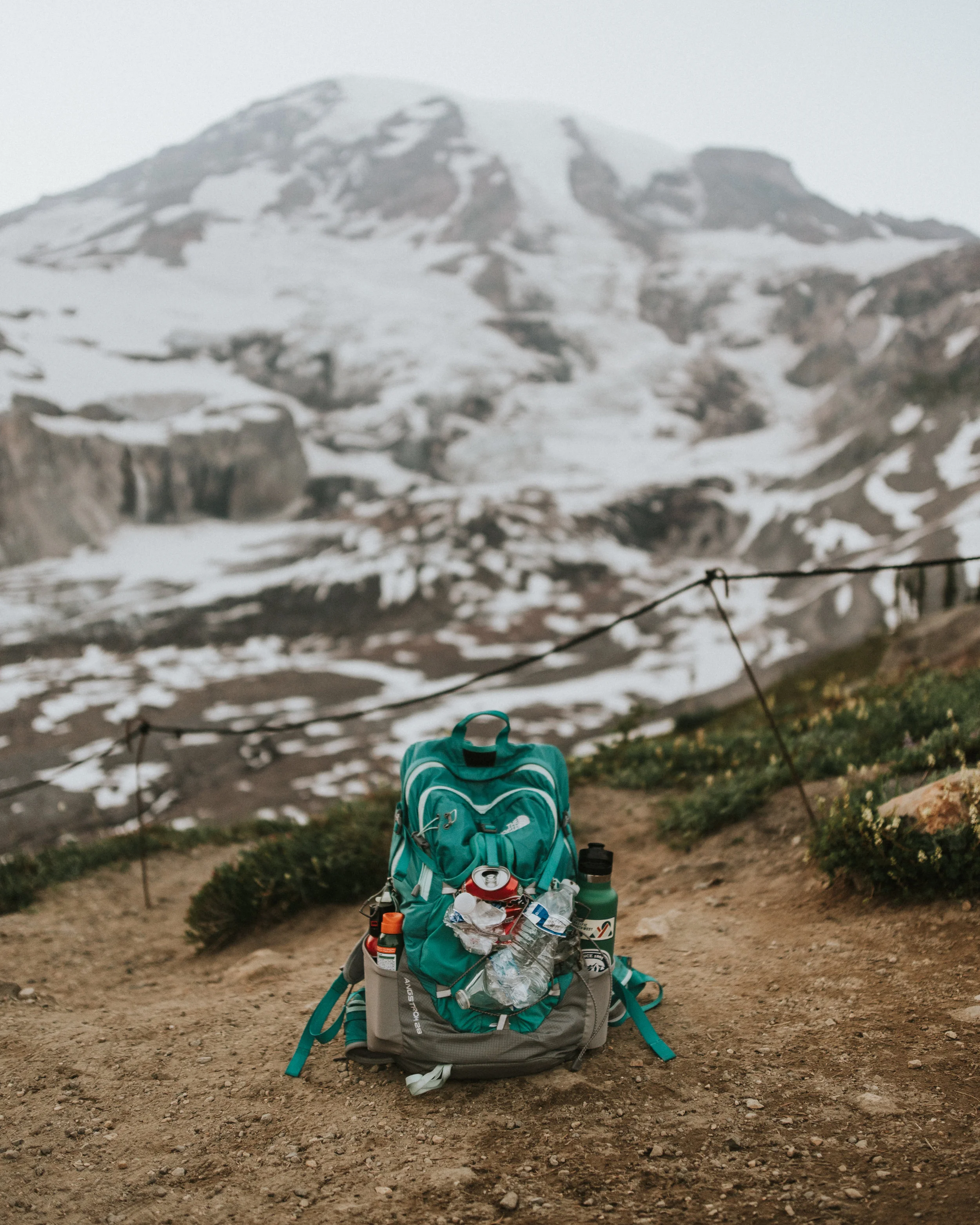 Trash strapped to my backpack on a short hike at Mt. Rainier