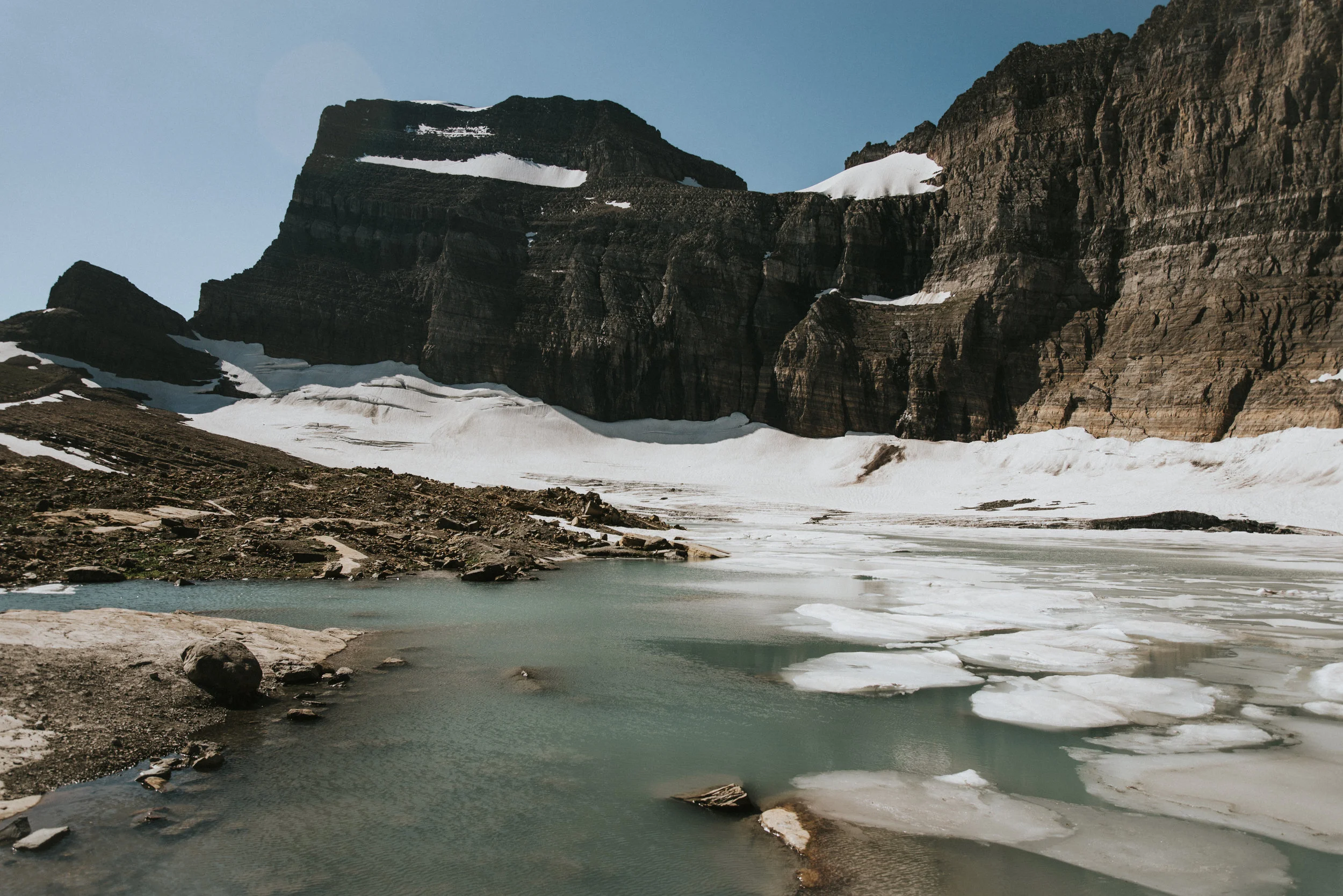 The Grinnell glacier at the bottom, with the Gem glacier hanging at the top of the rock. The Gem glacier is the smallest glacier in the park at only 5 acres!