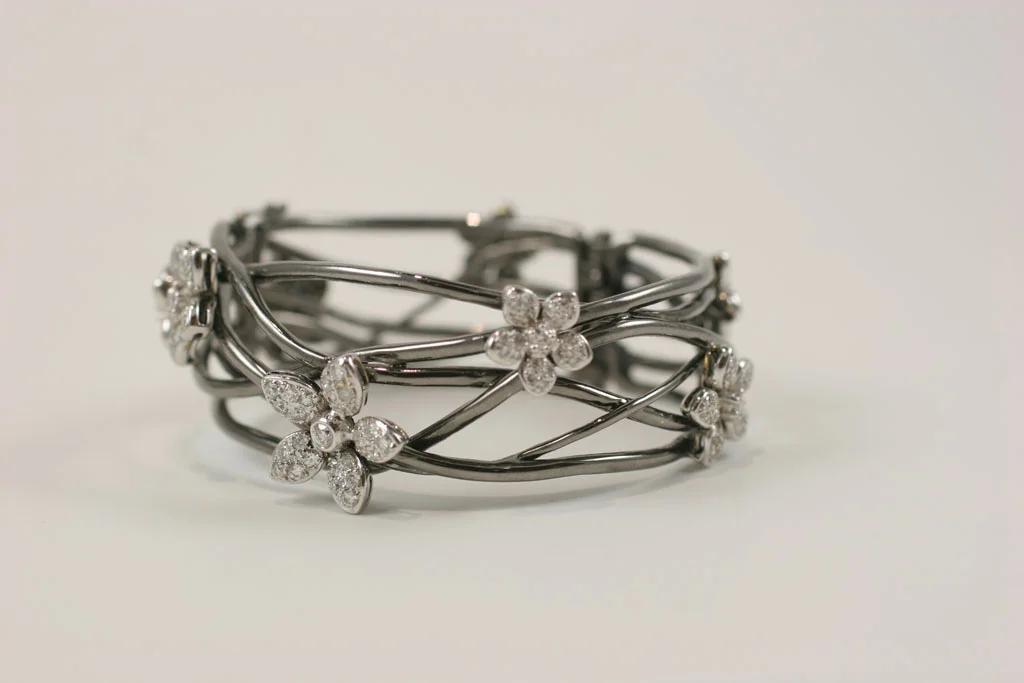 18 K Black Gold Bangle with Diamond Flower Motif 3.jpg