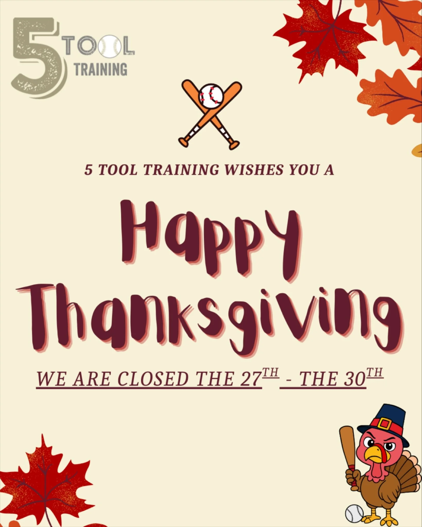 🦃🍁 From our 5 Tool family to yours&hellip; Happy Thanksgiving!
We&rsquo;re grateful for our athletes, families, coaches, and the community that makes every season unforgettable.
Enjoy the day, eat good food, and we&rsquo;ll see you back out grindin