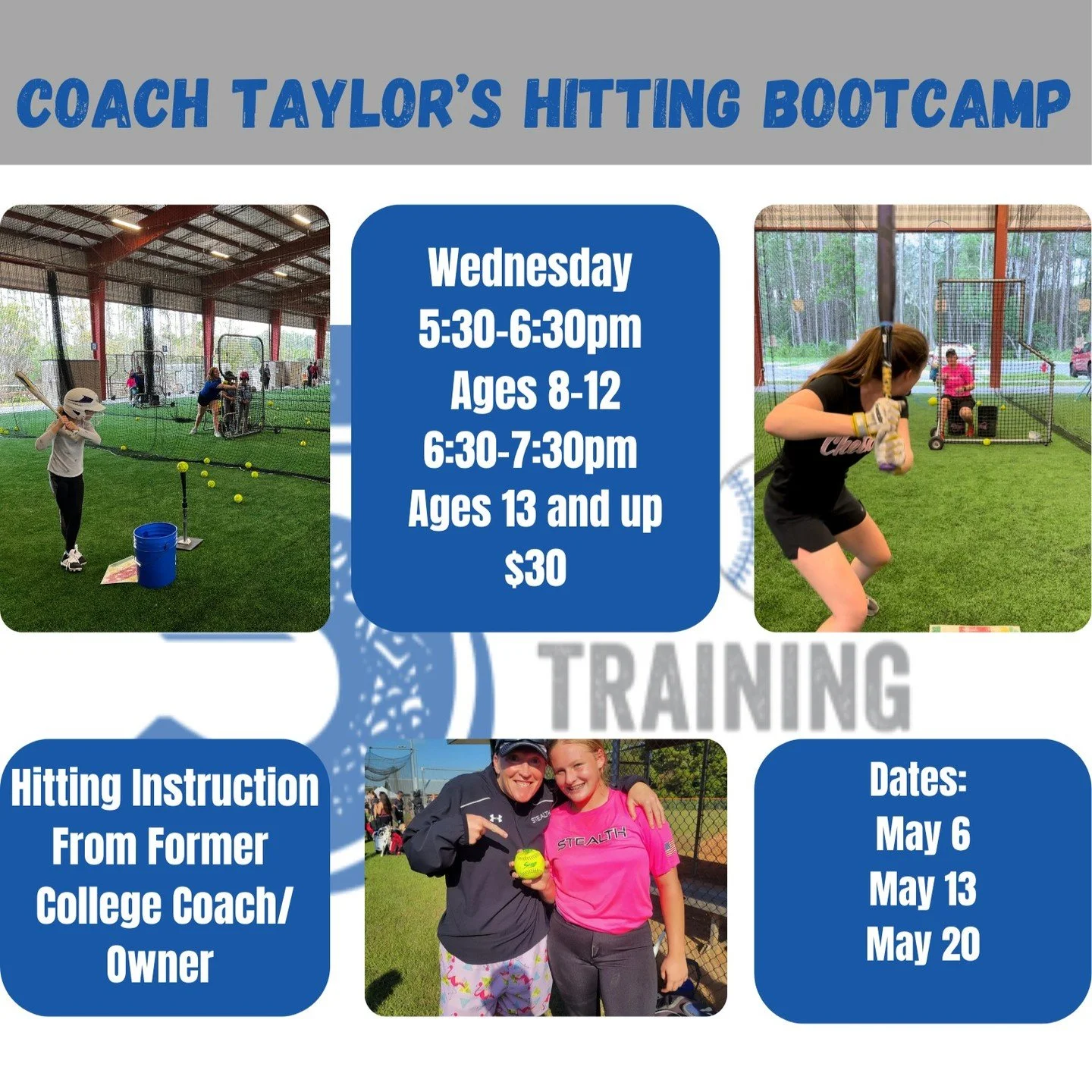 Train with our Hall of Fame Owner, Coach Taylor!

Get hands-on hitting instruction directly from Coach Taylor at our upcoming May Hitting Bootcamp. Spaces are strictly limited!

📍 The Details:

Dates: Wednesdays &mdash; May 6th, 13th, and 20th
Ages 